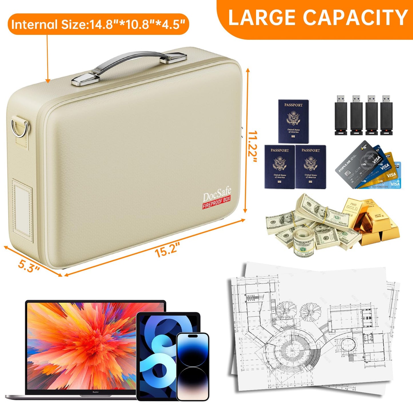DocSafe Fireproof Document Box Hard Case with Lock ＆ Accordion File Folder