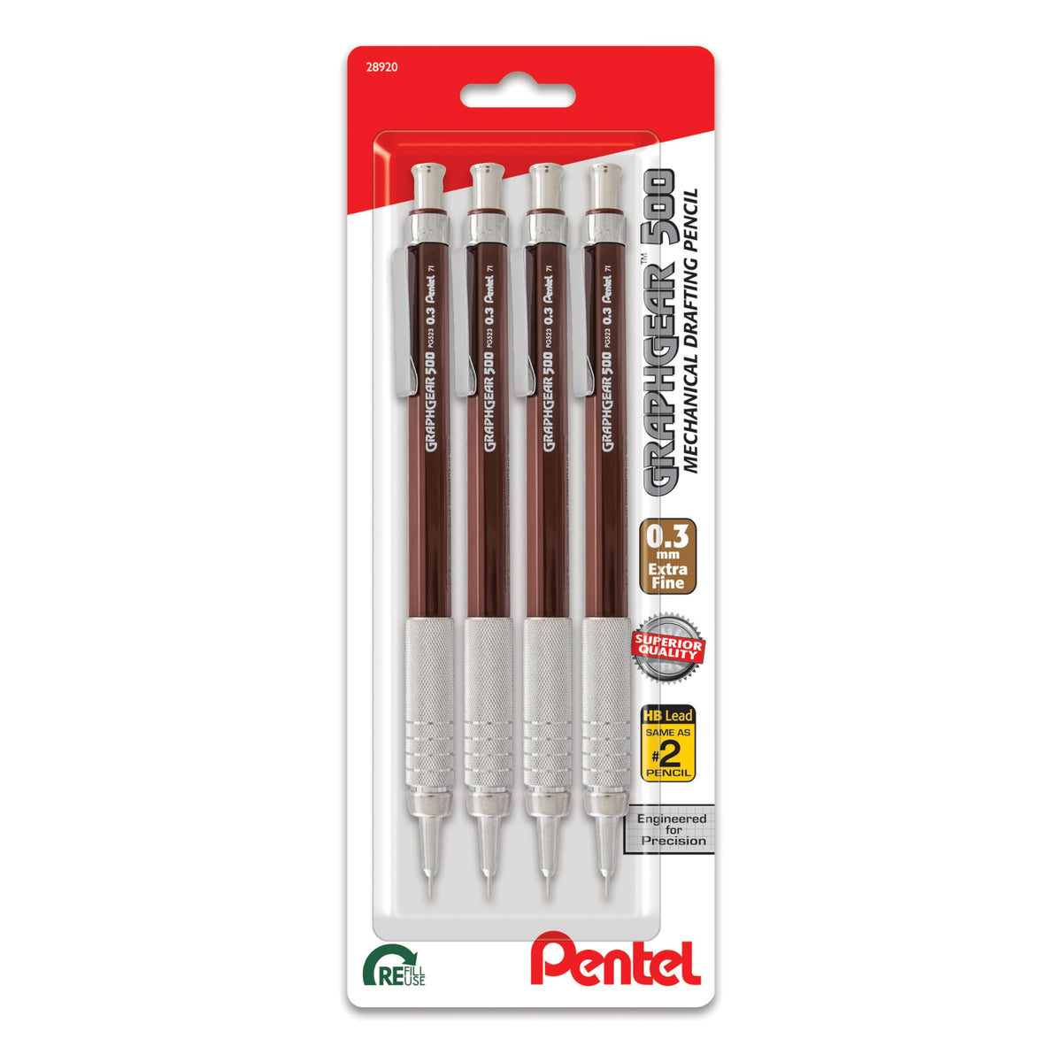 Pentel GraphGear 500 Mechanical Drafting Pencil, (0.5mm), Fine Line, Black Barrel, Pack of 4