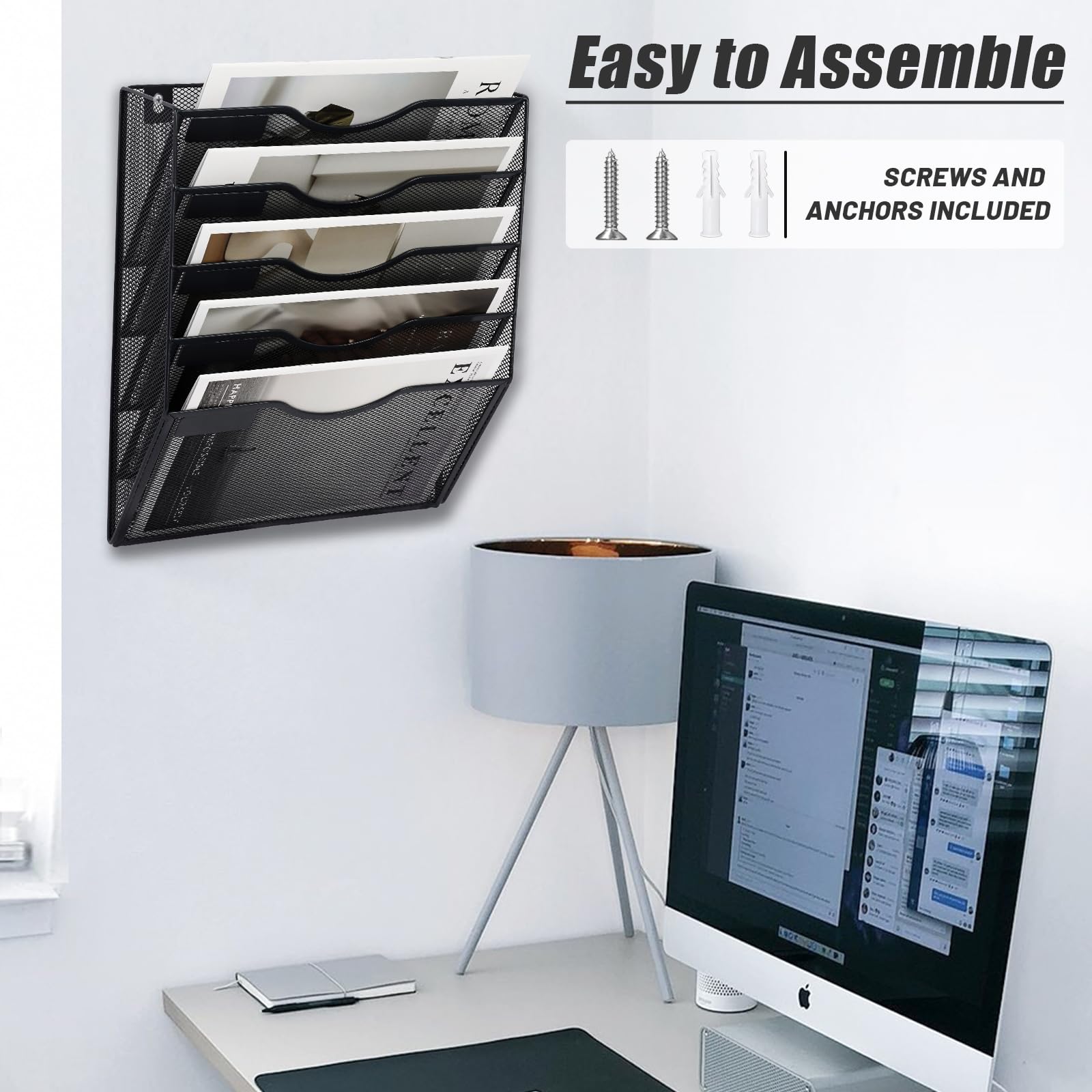 EASEPRES 5 Pocket Mesh Hanging Wall File Organizer, Wall Mounted Mail Paper Document Folder Holder