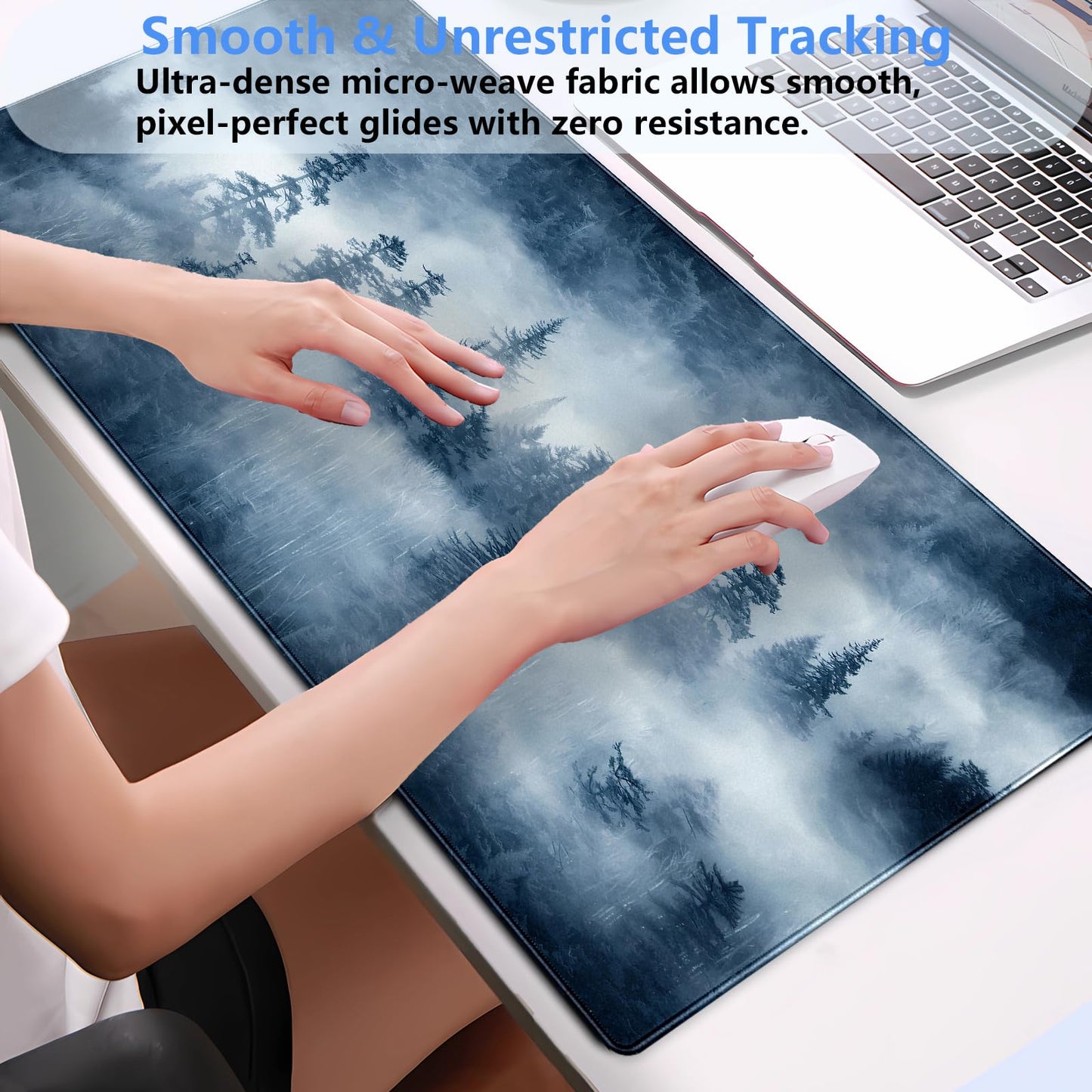 Misty Forest Desk Mat, Pine Tree Large Gaming Mouse Pad 31.5x15.7 in