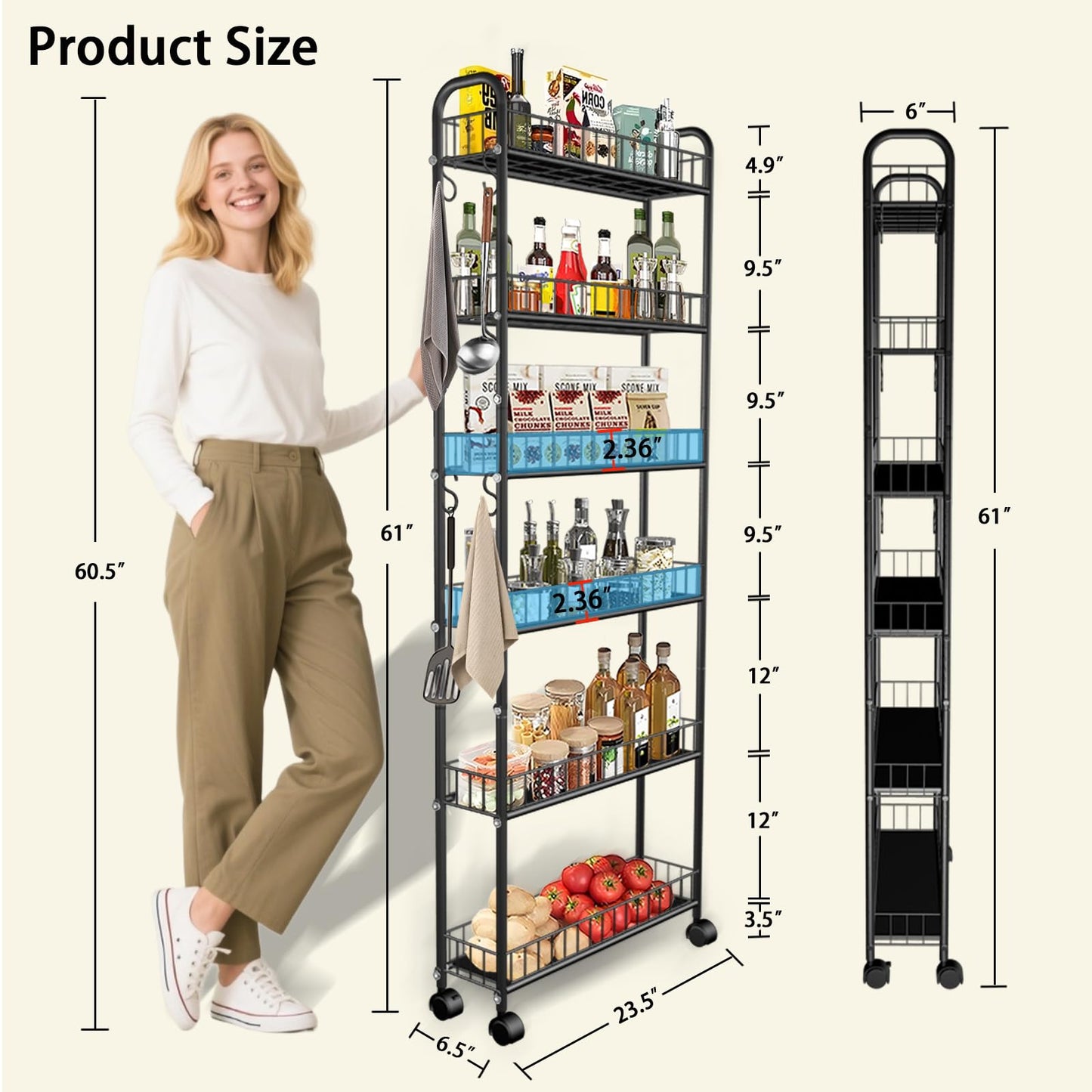 RUOZTEOO Slim Storage Cart with Wheels, Metal 6-Tier 6in Black Narrow Rolling Shelf, Sturdy Slim