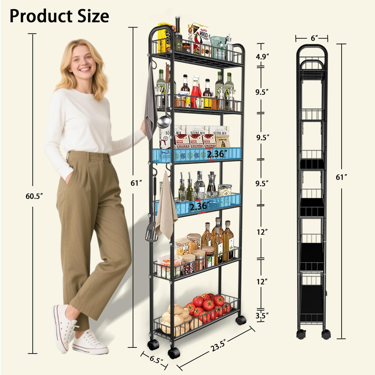 RUOZTEOO Slim Storage Cart with Wheels, Metal 6-Tier 6in Black Narrow Rolling Shelf, Sturdy Slim