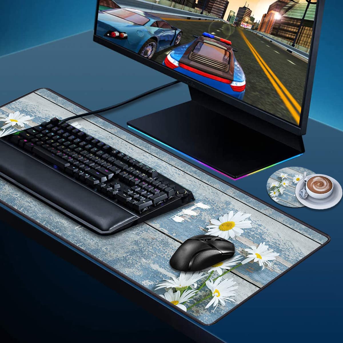 Desk Pad Mat Daisy Dreams XXL Large Mouse Mat with Coasters - Vintage Wood Board & Non-Slip Base