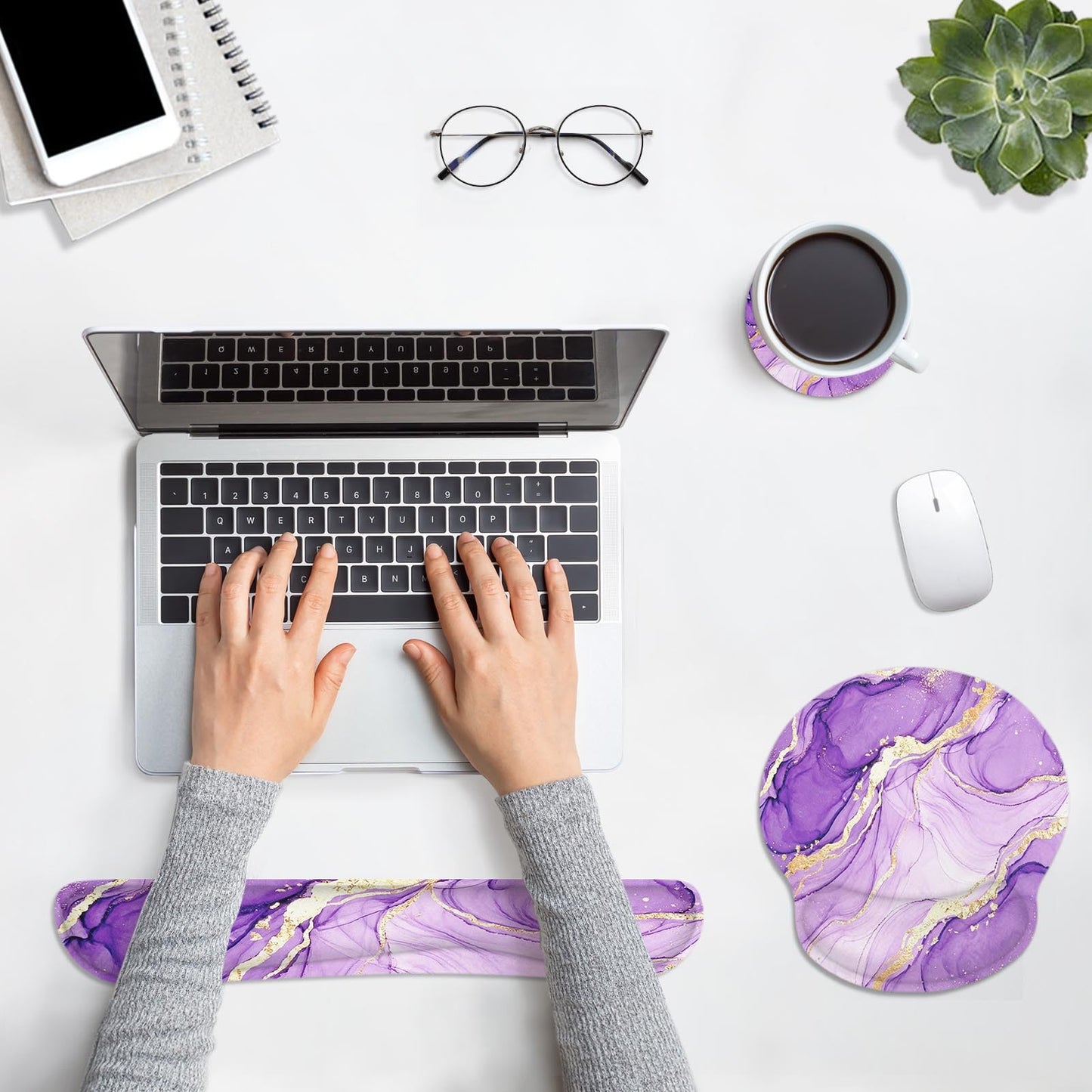 Britimes Ergonomic Mouse Pad Set with Wrist Rest, Purple Gold Marble