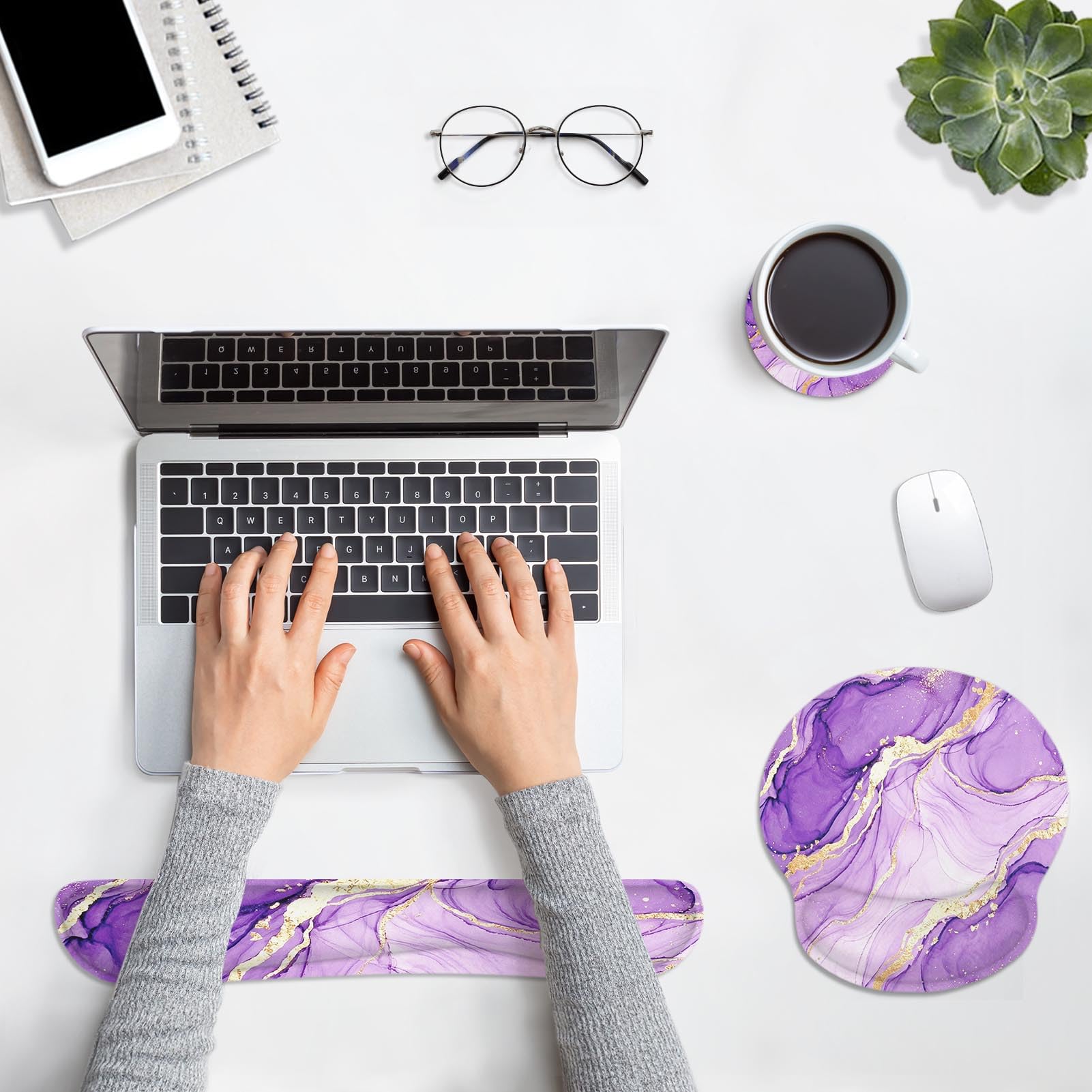 Britimes Ergonomic Mouse Pad Set with Wrist Rest, Purple Gold Marble
