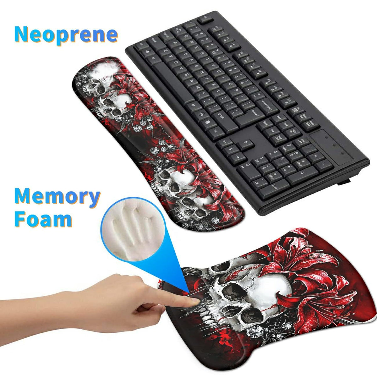 3Pcs Ergonomic Memory Foam Keyboard Wrist Rest Pad Set, Red Flower Skull
