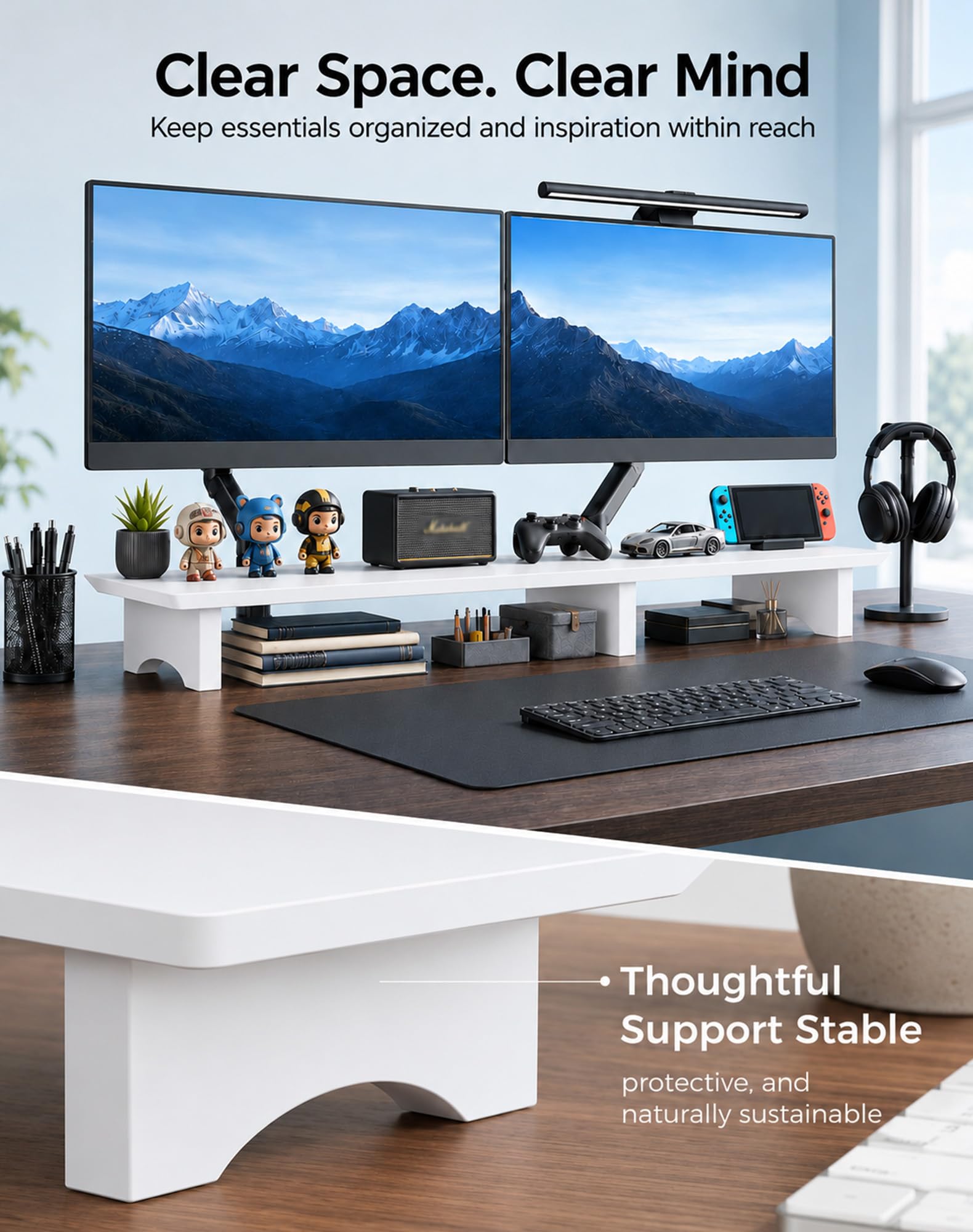 Aothia 43 in White Dual Monitor Stand, Monitor Riser for Desk, Solid Wood