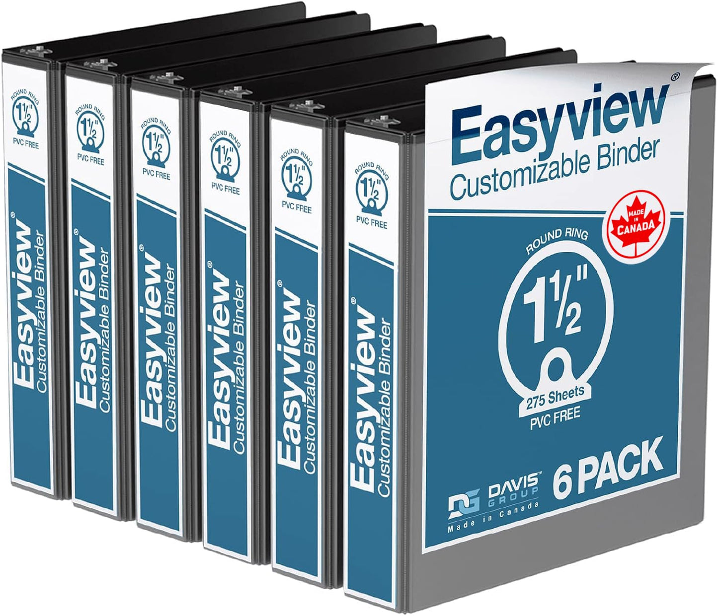 Easyview 3-Ring Binder, Clear-View Cover, 1.5" Round Rings, Black, 6 Pack