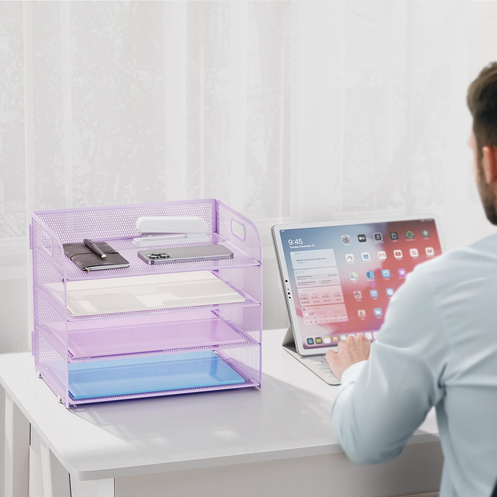 Marbrasse 2 Pack 4 Tier Paper Organizer Letter Tray - Mesh Desk File Organizer with Handle, Paper