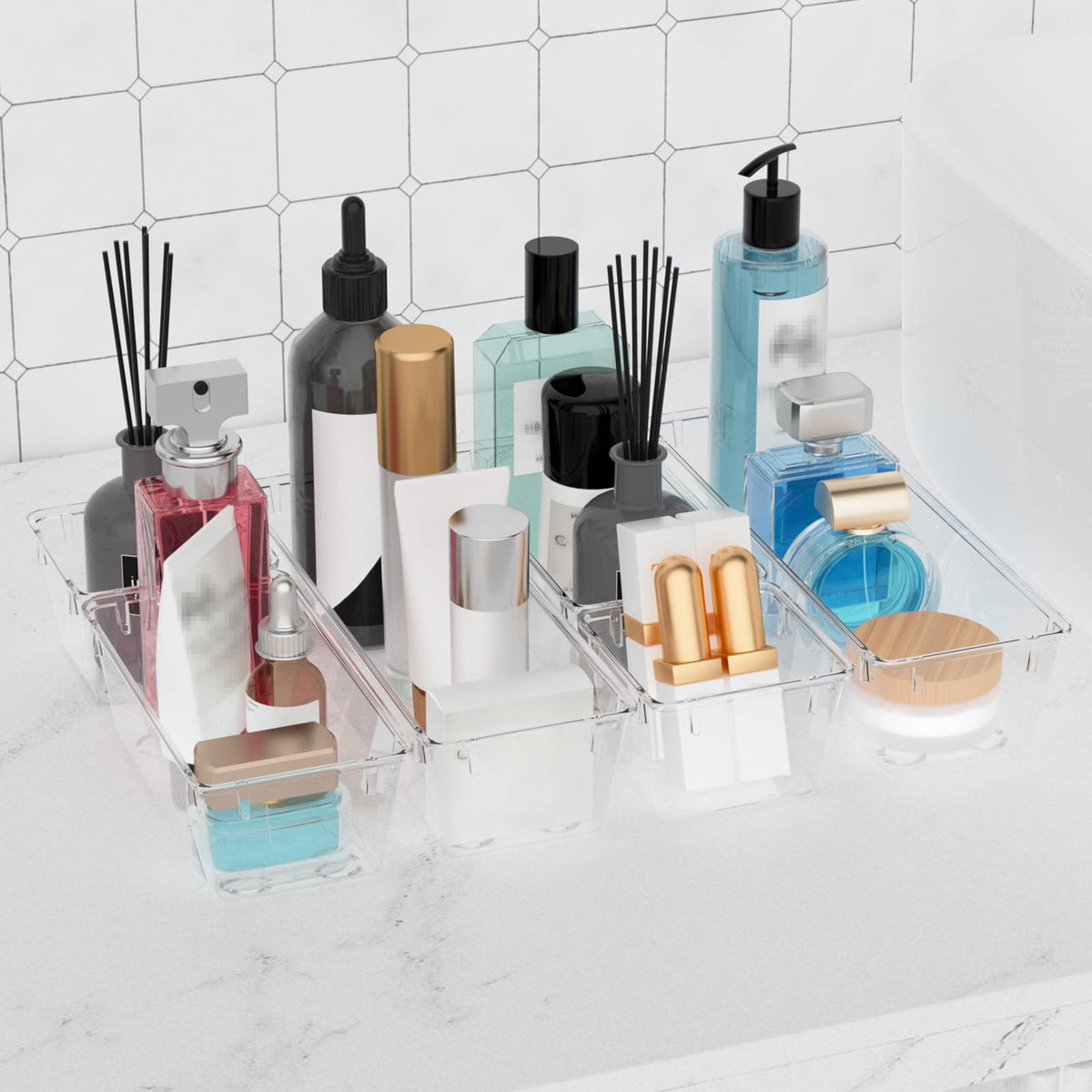9 Pack Clear Drawer Organizer Set, Drawer Storage Trays, Storage Bins