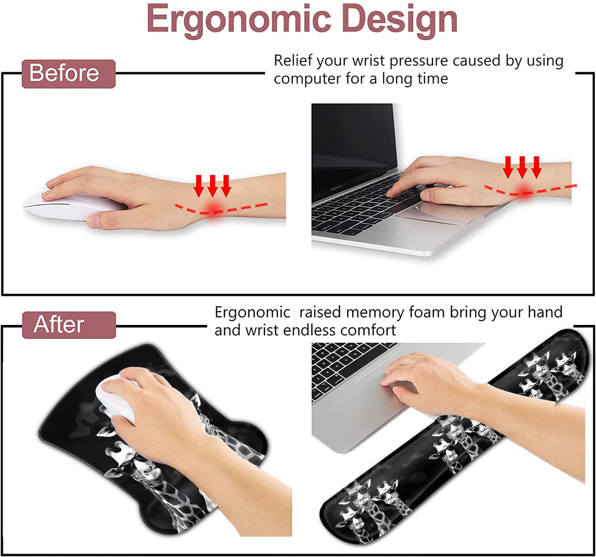 Rectangular Mouse Pad Wrist Protector-Printed with Cool Giraffes, Ergonomically Non-Slip Rubber