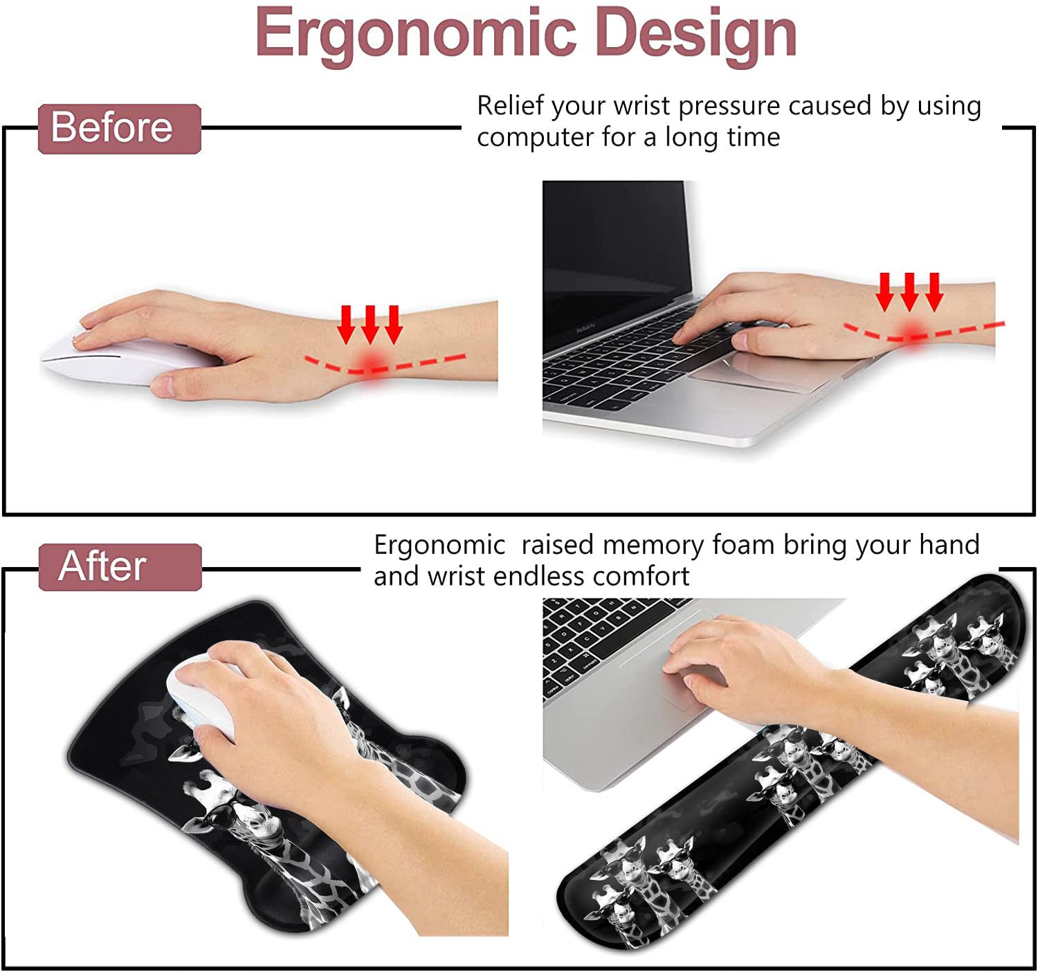 Rectangular Mouse Pad Wrist Protector-Printed with Cool Giraffes, Ergonomically Non-Slip Rubber