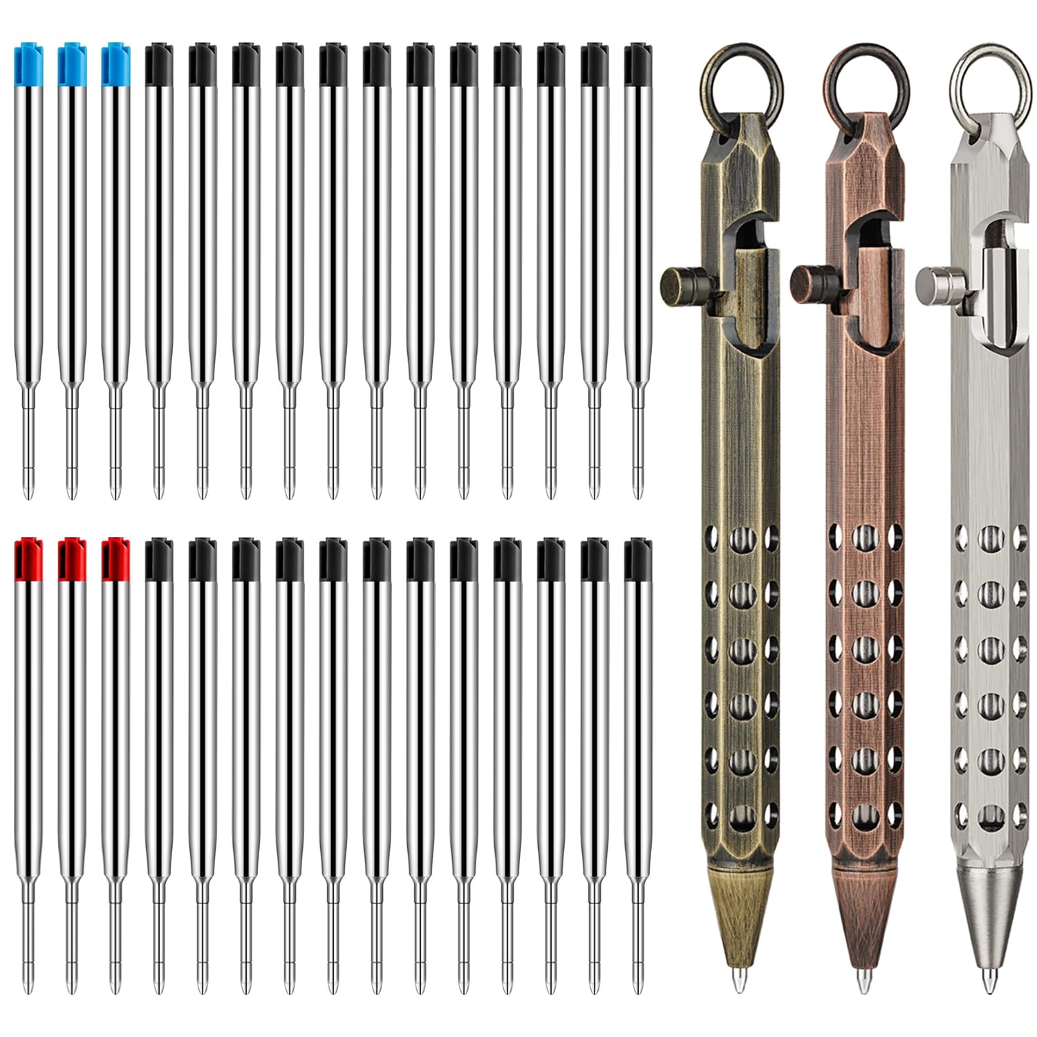 Origin-Joy 3 Pack Bolt Action Pen Set, Six Edge Solid Brass EDC Pocket Tactical Pen With 30