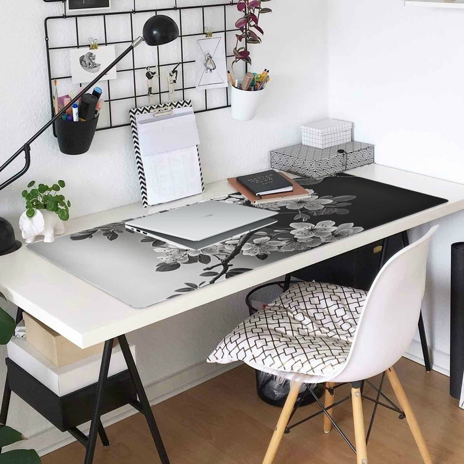 Black and White Sakura Branch Mouse Protector Mat - XL Non-Slip Mouse Pad for Gaming and Work
