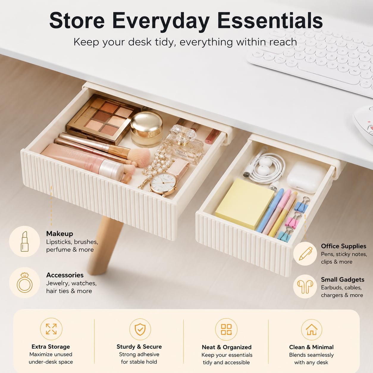 Under Desk Drawer Organizer, 2 Pack Self Adhesive Desk Storage Drawers