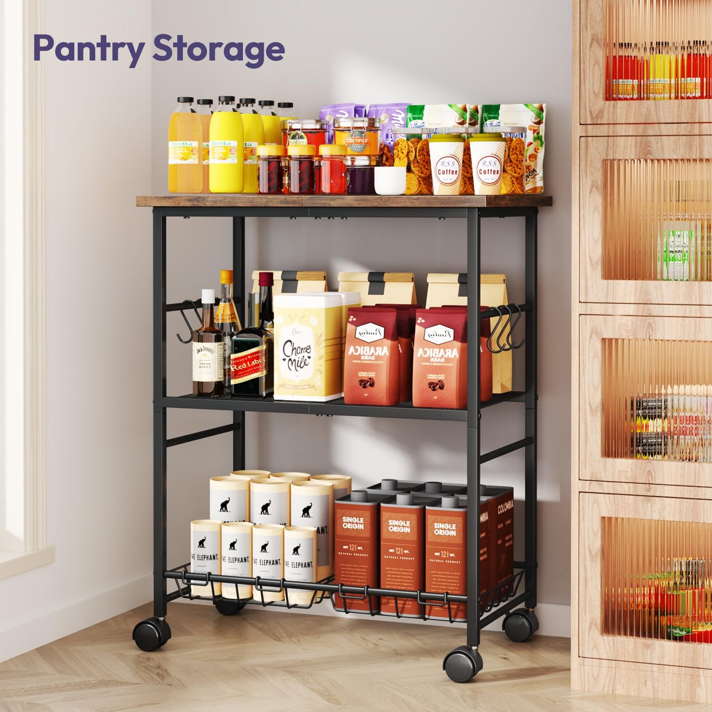 SWTYMIKI Rolling Kitchen Microwave Cart - 3 Tier Microwave Table Stand with Storage Basket and