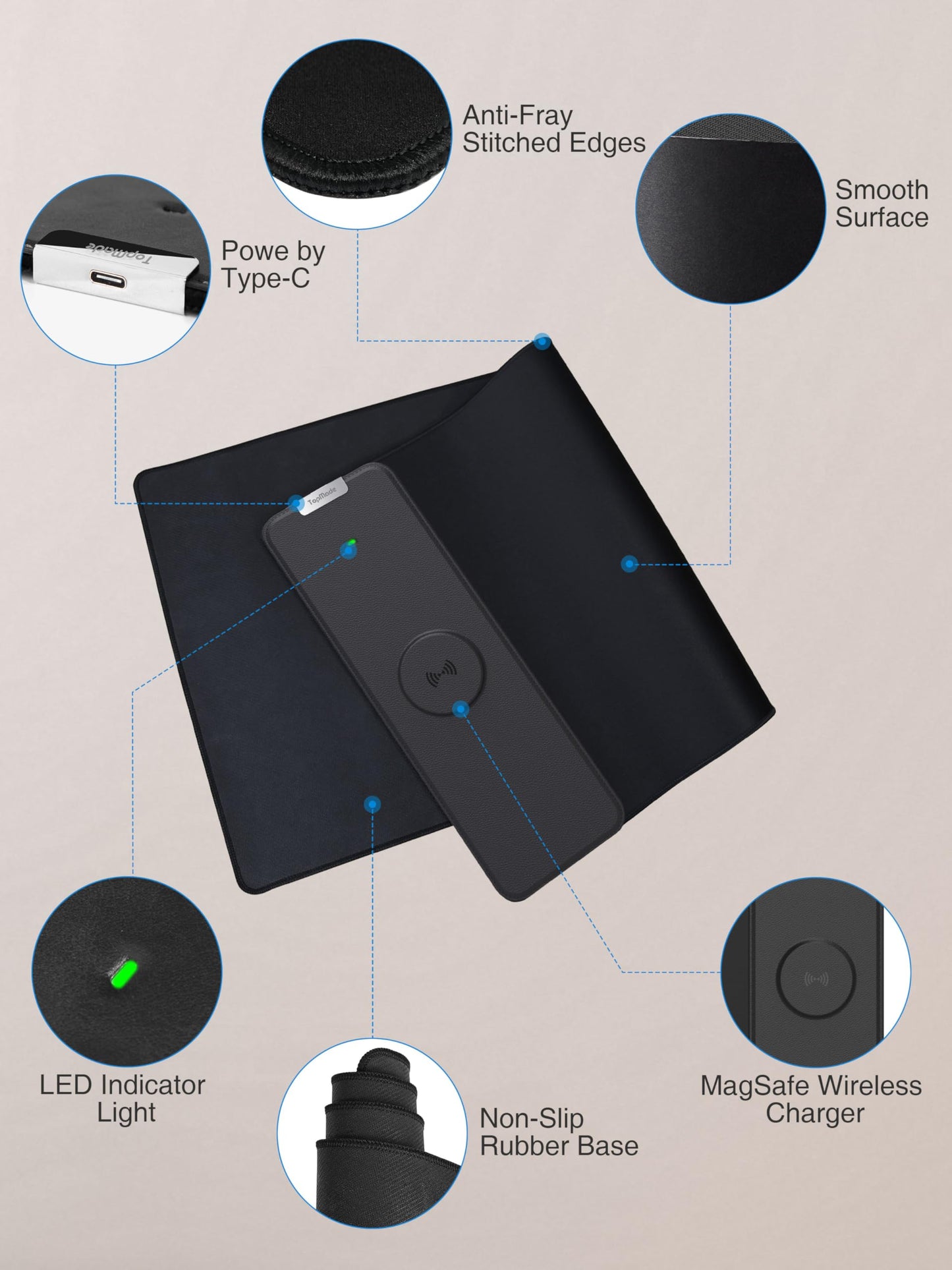 TopMade Wireless Charging Mouse Pad, 31.5"x11.81" XXL Large Desk Mat, Black