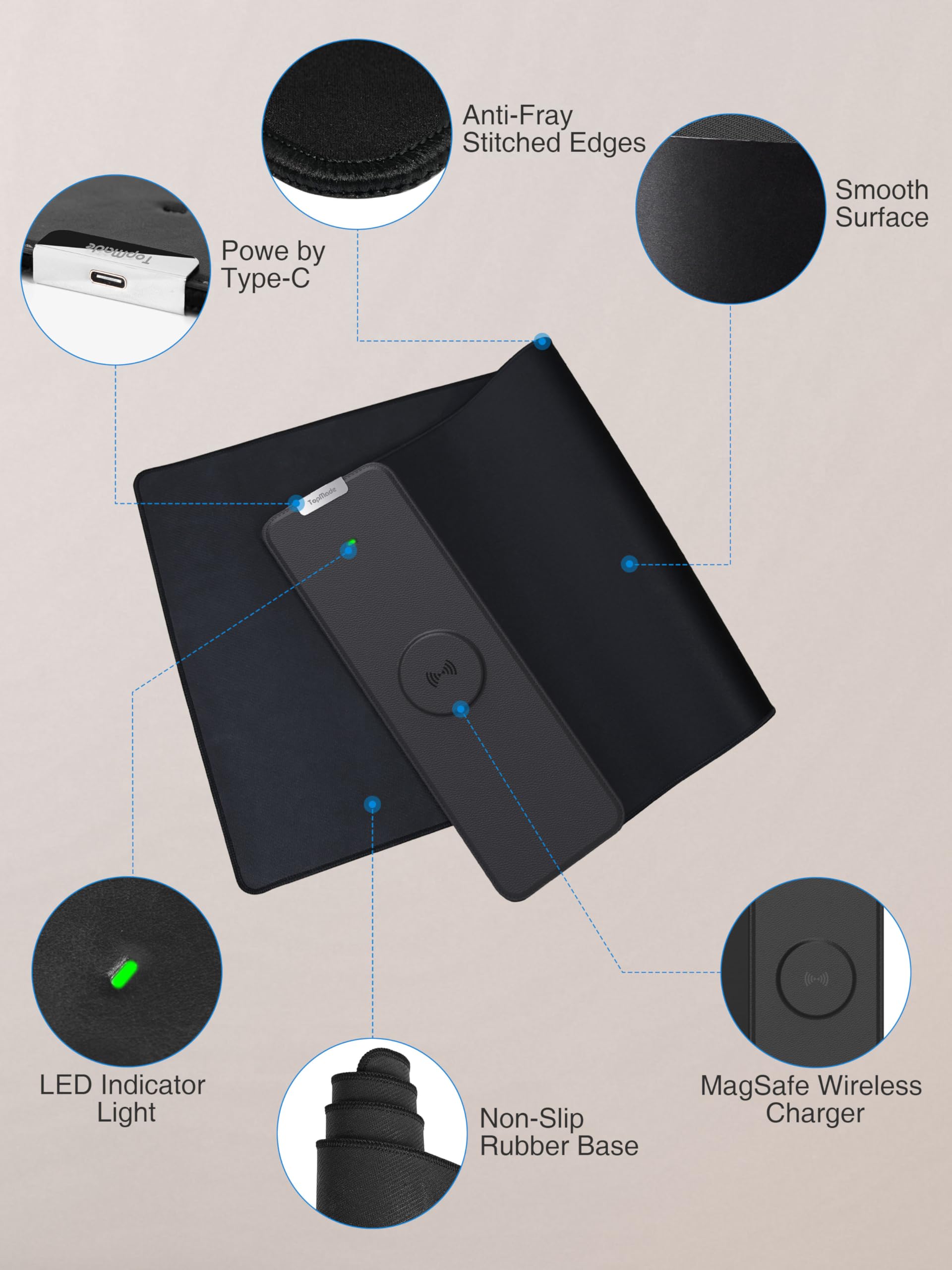 TopMade Wireless Charging Mouse Pad, 31.5"x11.81" XXL Large Desk Mat, Black