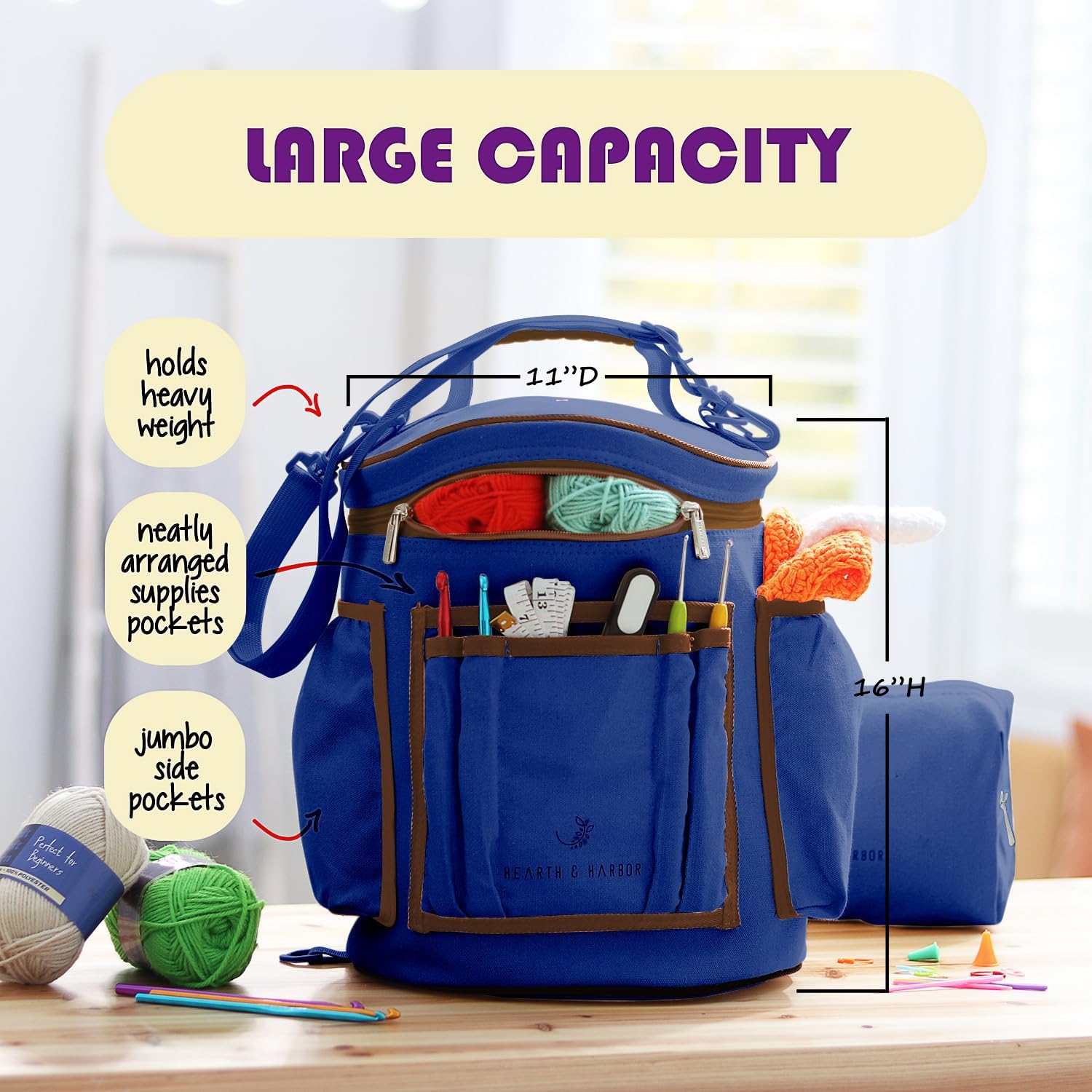 Hearth & Harbor Crochet Bag Organizer – Durable Knitting Bag, Yarn Organizer for Accessories and