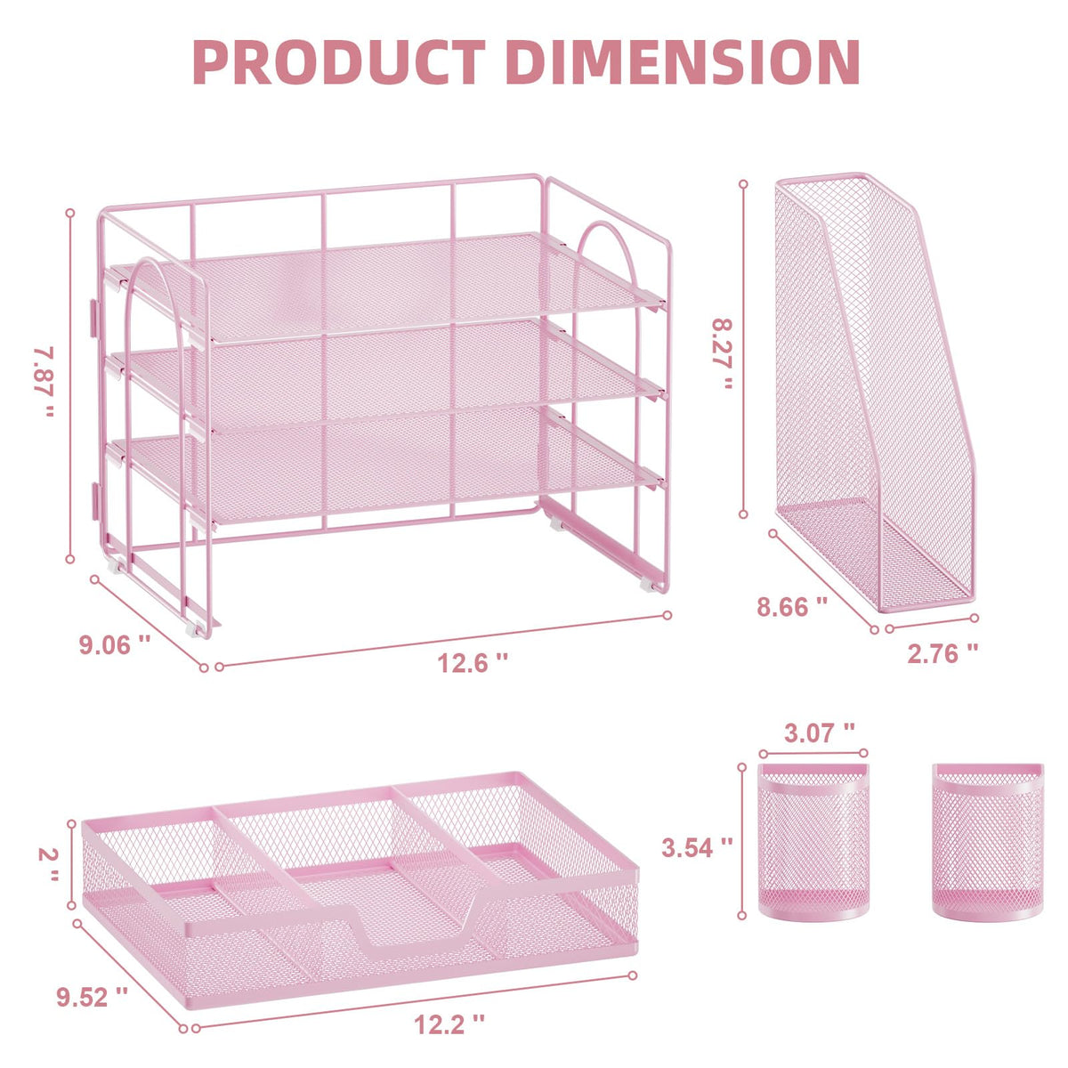 Marbrasse 4-Tier Paper Tray Organizer with Drawer and Pen Holder, Pink