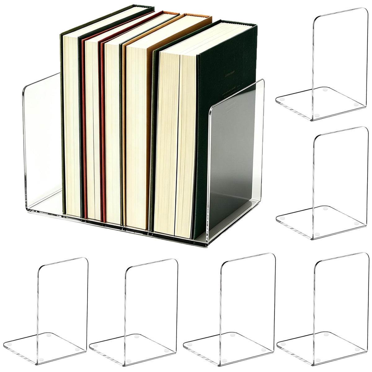 Acrylic Book Ends 8 Pcs, Clear Bookends, Bookend Organizer for Shelves