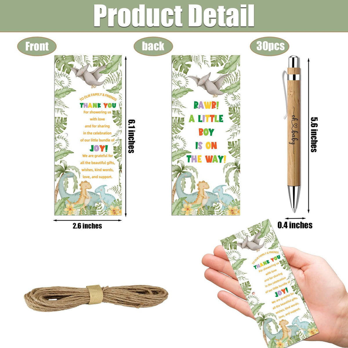 30 Pcs Dinosaur Baby Shower Favors Bulk, Bamboo Pens and Greeting Cards