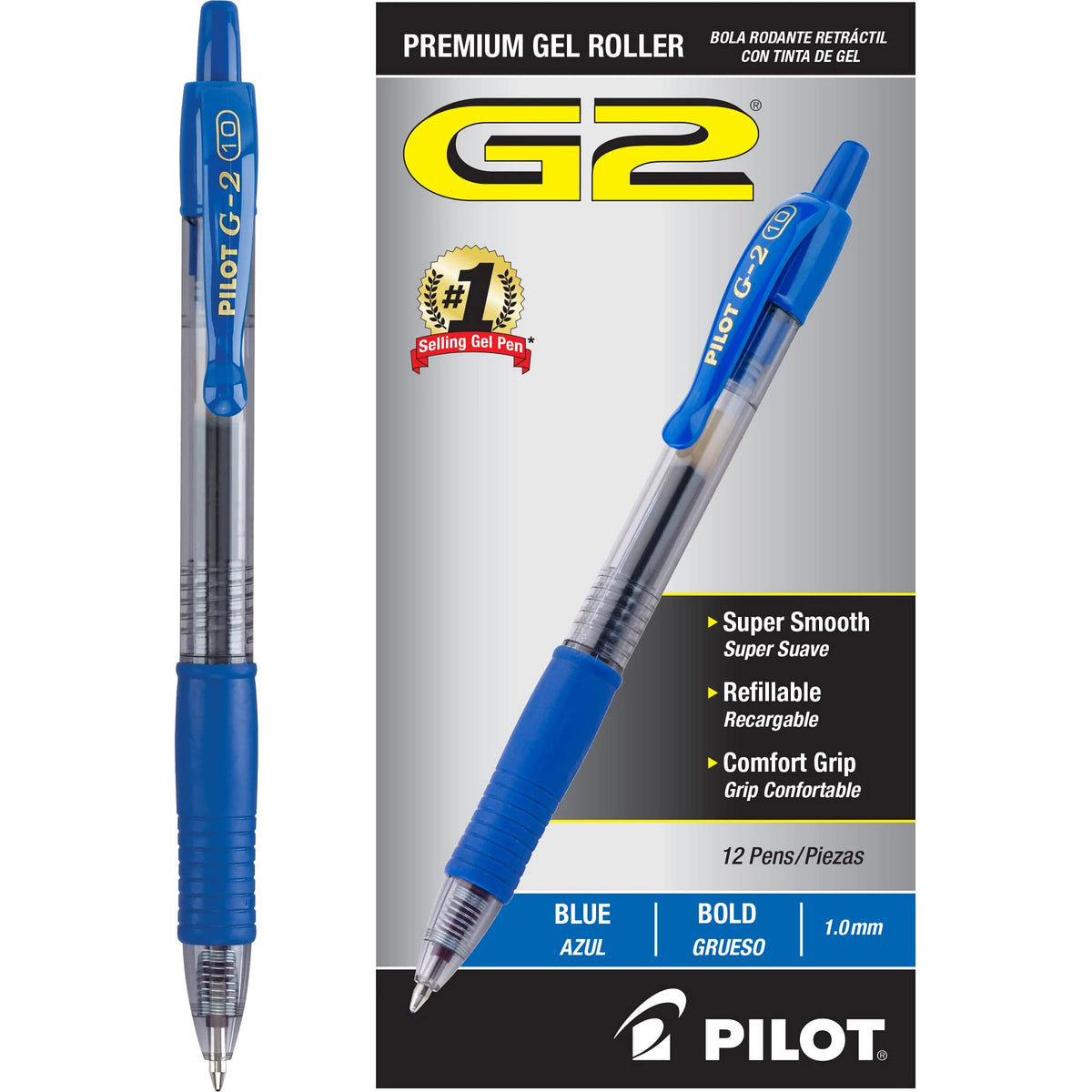 PILOT G2 Premium Gel Roller Pens, Blue Ink Pens Bold Point, Pack of 12