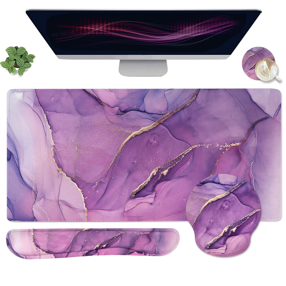 4-in-1 Gaming Mouse Pad Wrist Support Set，Desk Pad + Mouse Pad with Wrist Rest + Keyboard Wrist