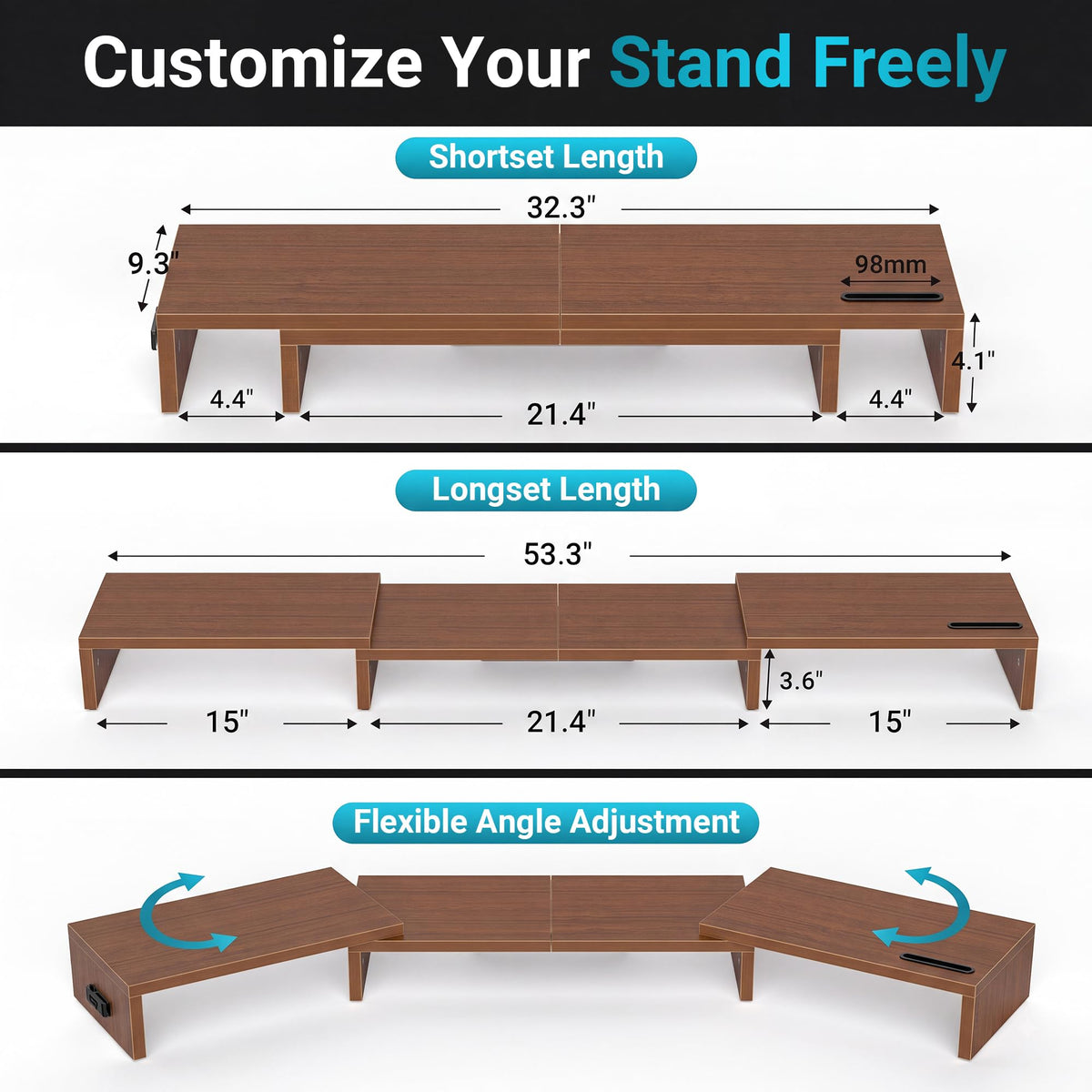 BONTEC Triple Monitor Stand Riser with Smartphone Holder, Walnut