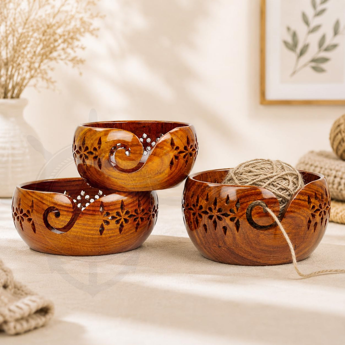 Nagina International Rosewood Crafted Wooden Yarn Storage Bowl With Carved Holes & Drills |