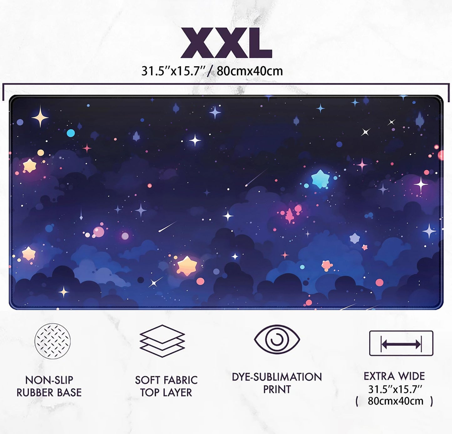 Blue Stars Desk Mat Cute Cloud Desk Pad, Aesthetic Starry Sky Mouse Mat Gaming Mousepad XXL, Extra
