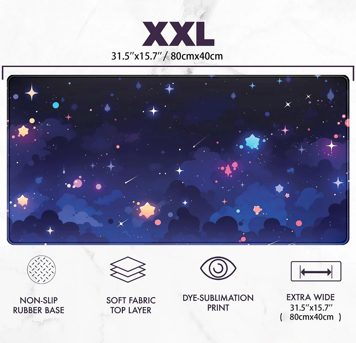 Blue Stars Desk Mat Cute Cloud Desk Pad, Aesthetic Starry Sky Mouse Mat Gaming Mousepad XXL, Extra