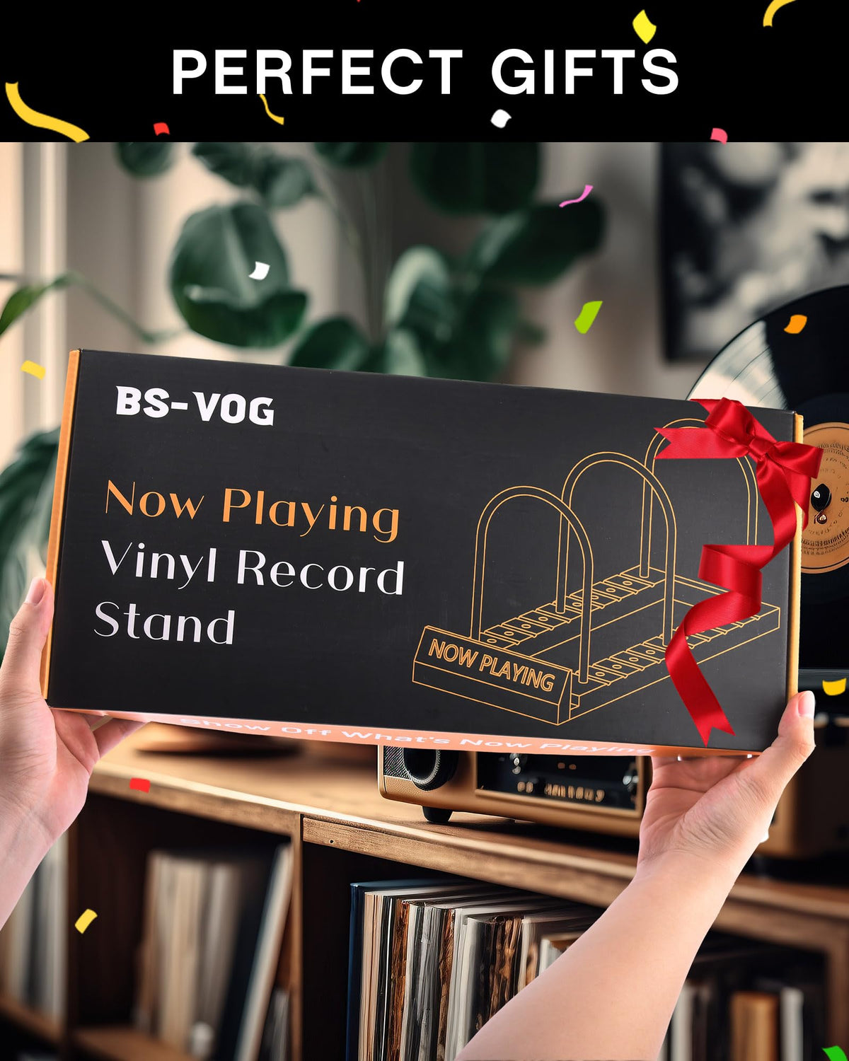 BS-VOG Now Playing Vinyl Record Holder Storage Fits 50 LPs, Gift Package
