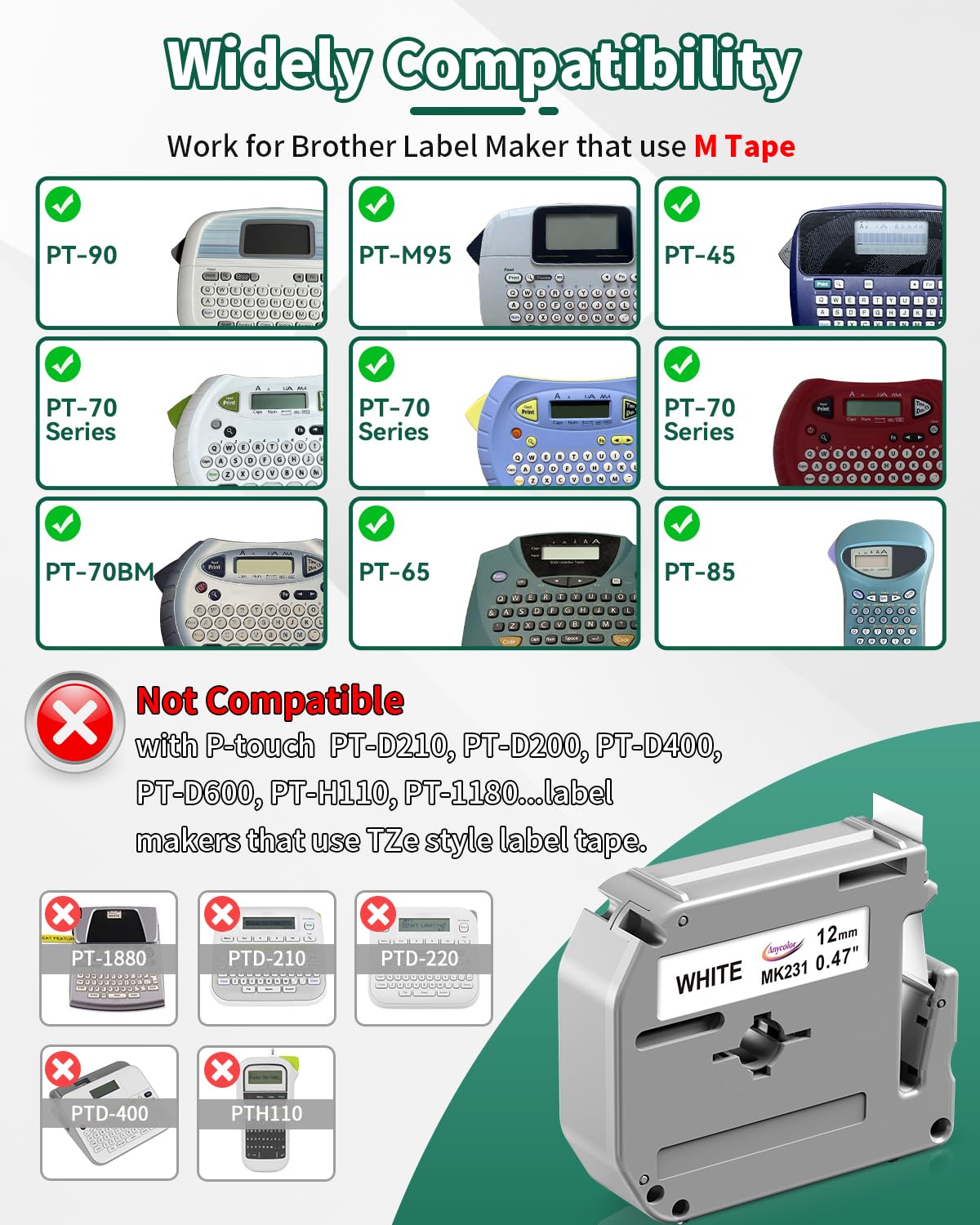 Anycolor Compatible with Brother Ptouch M Tape PTM95 Colored Label Tape
