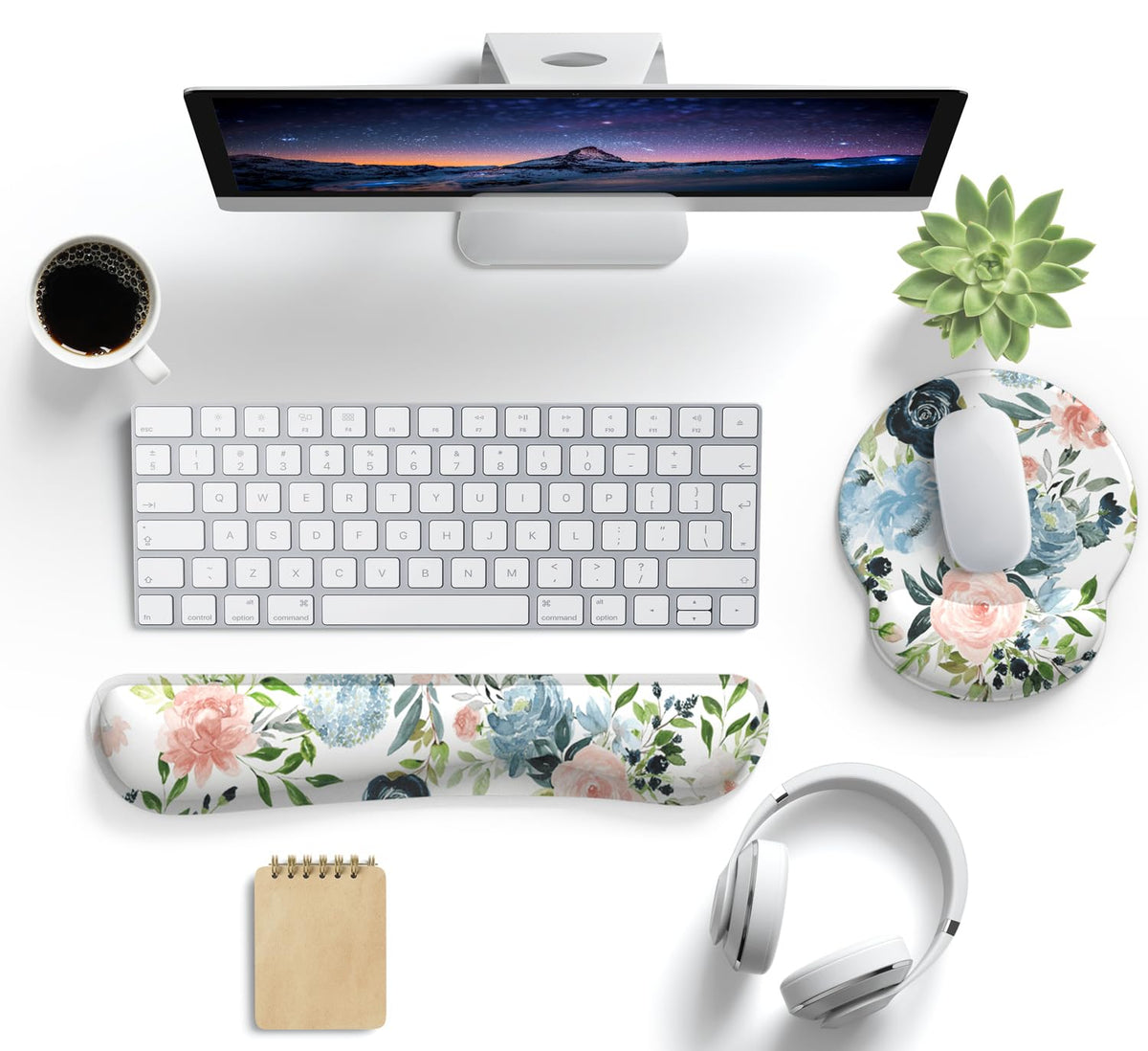Green Blue Pink Floral Mouse Pad Wrist Support Keyboard Wrist Rest Set, Ergonomic Mouse Pad with