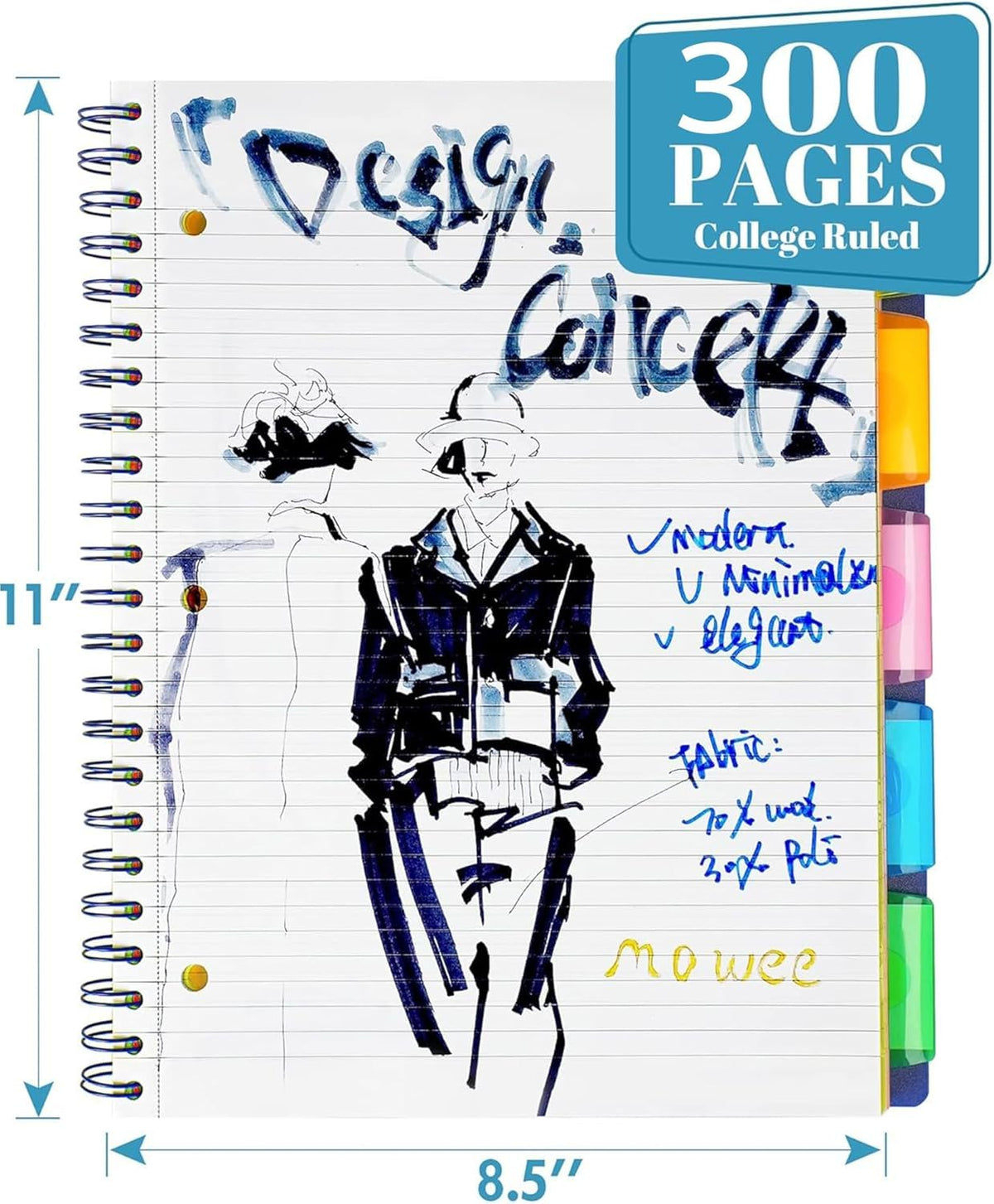 MOWEE 5-Subject Spiral Notebook, College Ruled, with Pocket & Tab Dividers