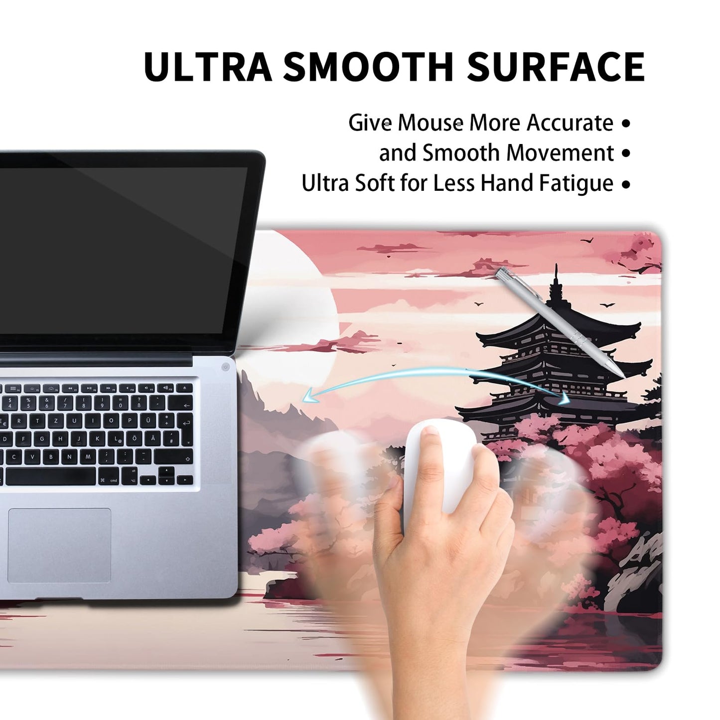 Pink Japanese Sakura Gaming Mouse Pad Large XL Cherry Blossom Tower Mountain Landscape Extended