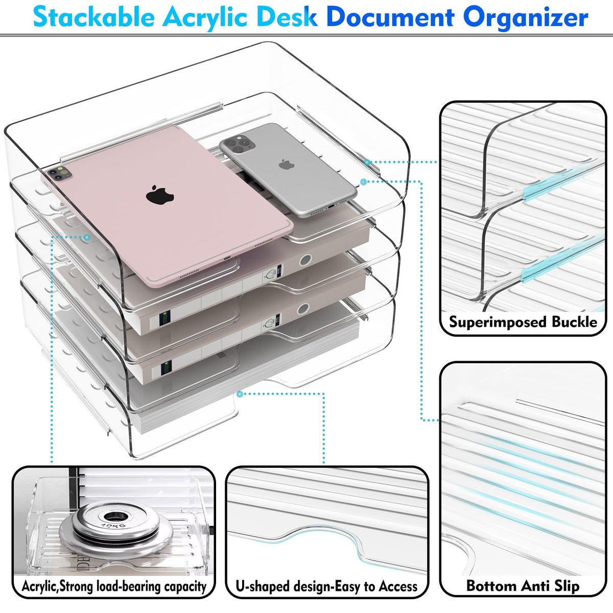 Paper Organizer Letter Tray, 4-Pack Acrylic File Organizer, Clear