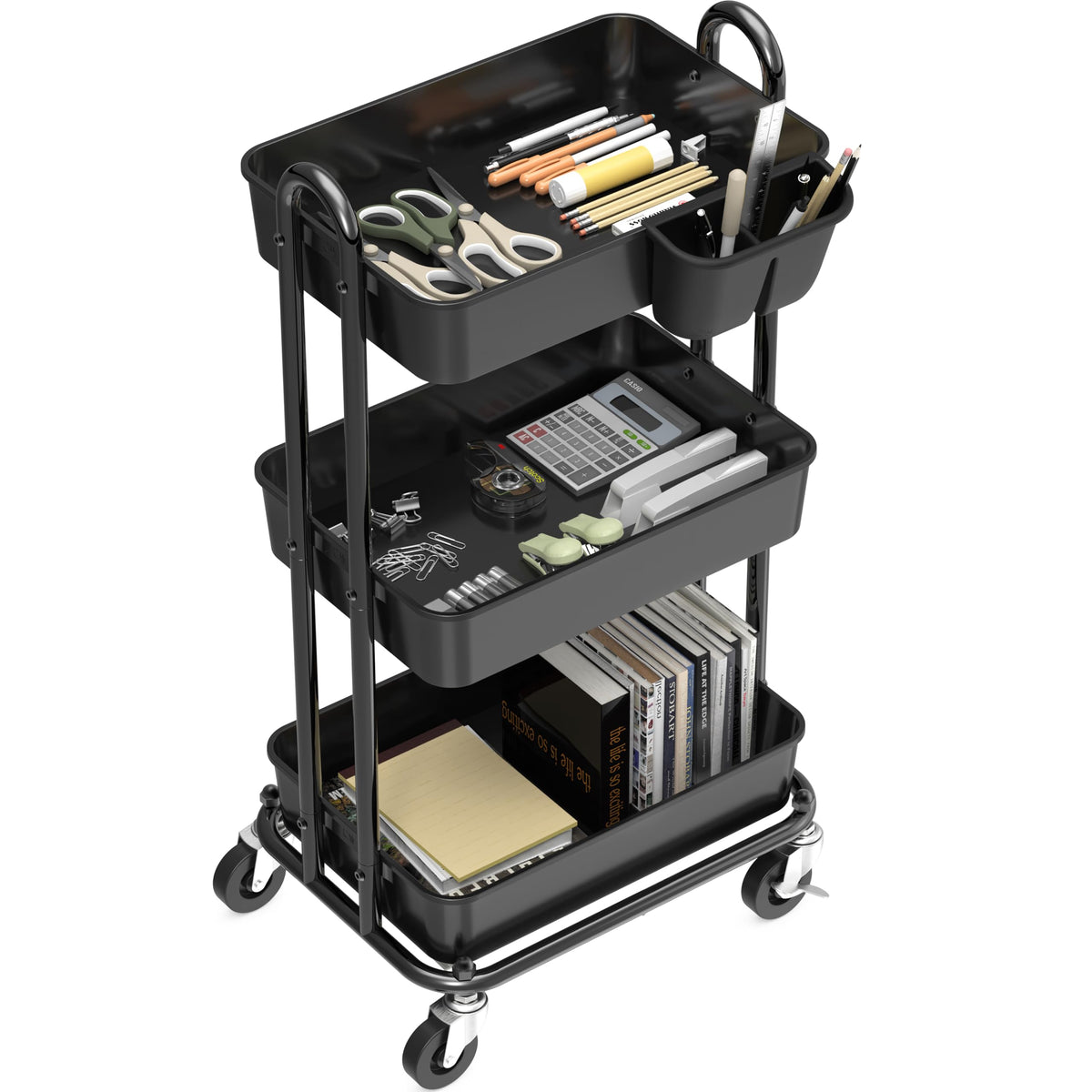 Simple Houseware 3-Tier Rolling Utility Cart with Hanging Bucket, Black