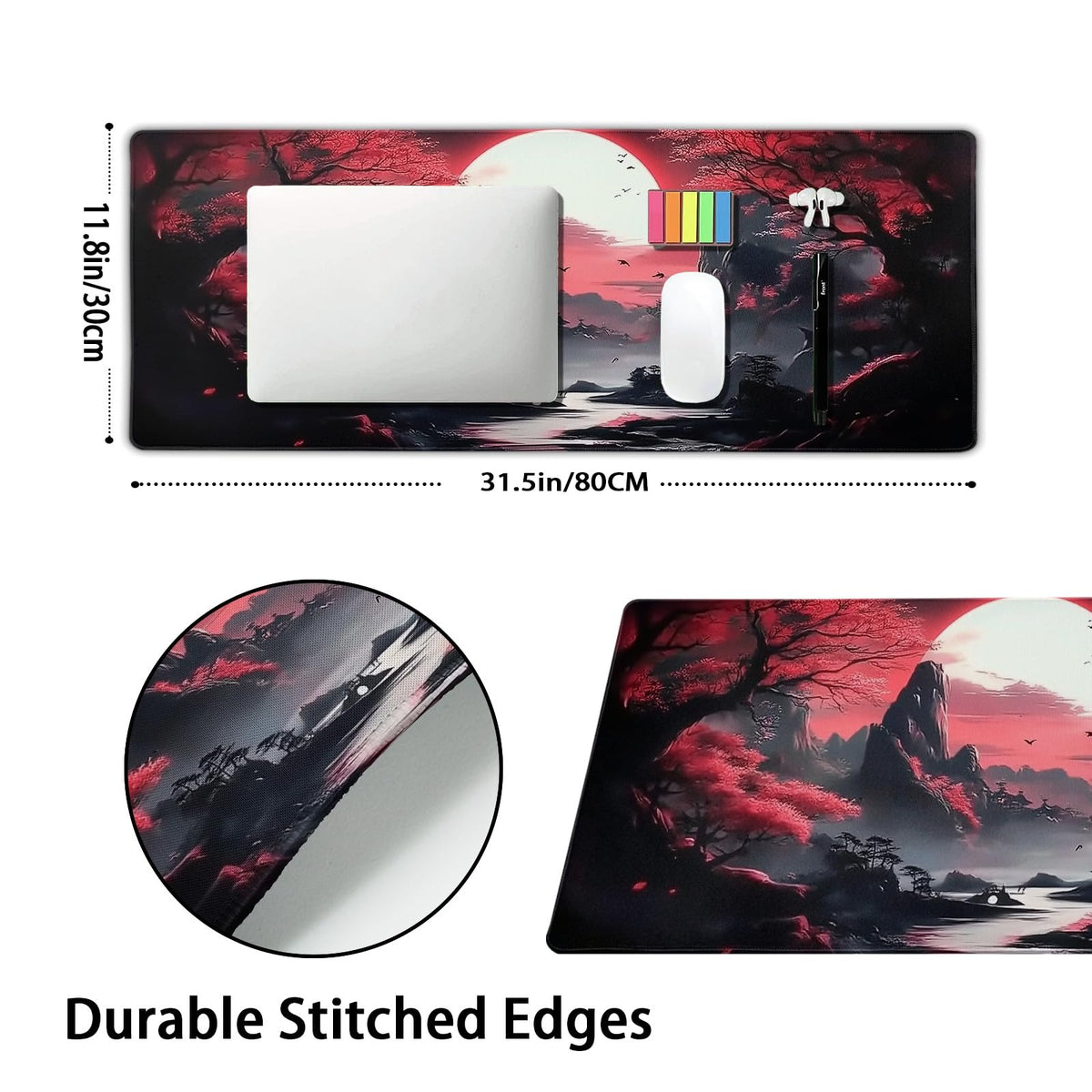 Black Red Japanese Gaming Mouse Pad XL Moon Sakura Cherry Blossom Extended Big Large Desk Mat