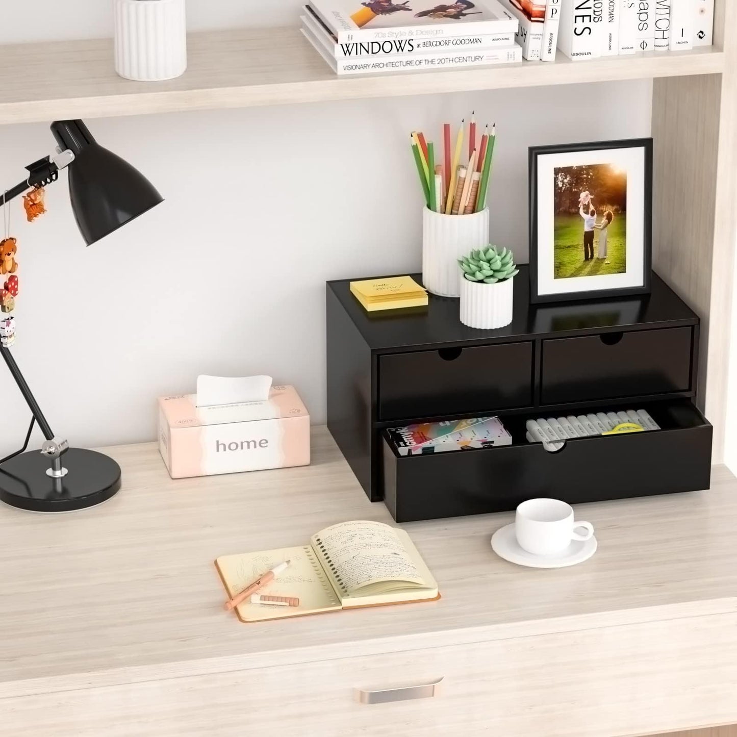 Bamboo Desk Organizer wtih Drawers Mini Desktop Drawer Tabletop Storage