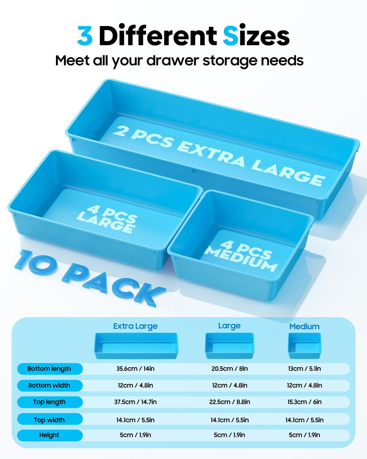MLIKLU 10 Pack Large Size Plastic Drawer Organizers Set, 3 Sizes Desk Drawer Organizer Trays