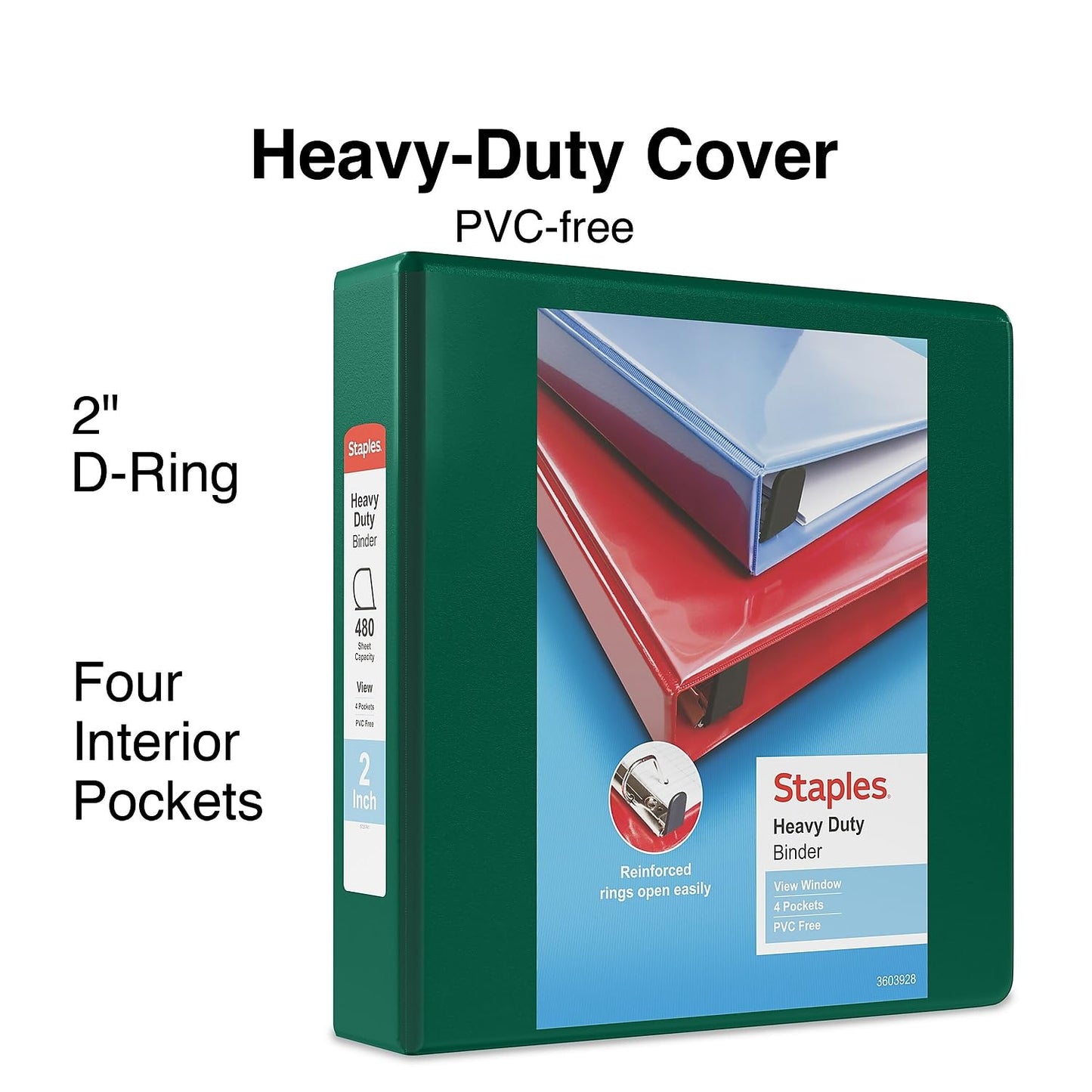 Staples Heavy-Duty 2-Inch 3-Ring View Binder, Dark Green, D-Rings