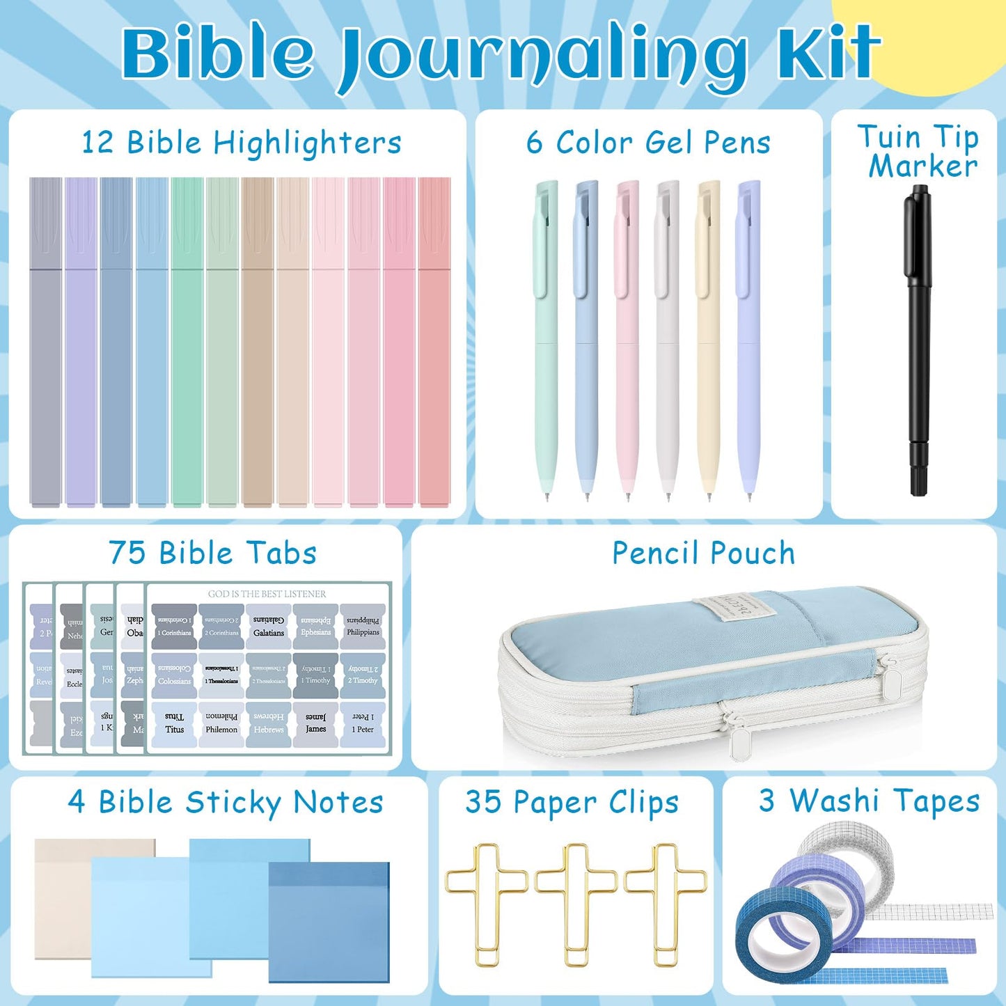 Dunzoom 137 Pcs Bible Study Supplies Journaling Kit 1 Pencil Case 12 Highlighters 4 Sticky Notes 6
