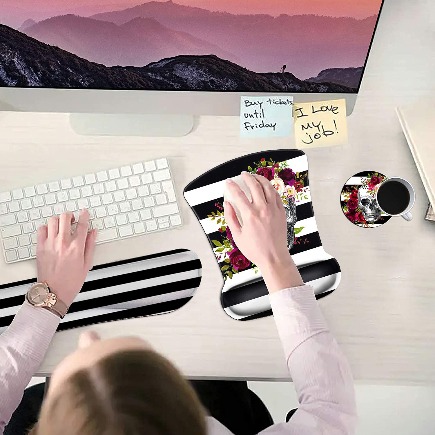 Ergonomic Mouse Pad Wrist Support Gel and Keyboard Wrist Rest Set Skull Flower Design for Laptop