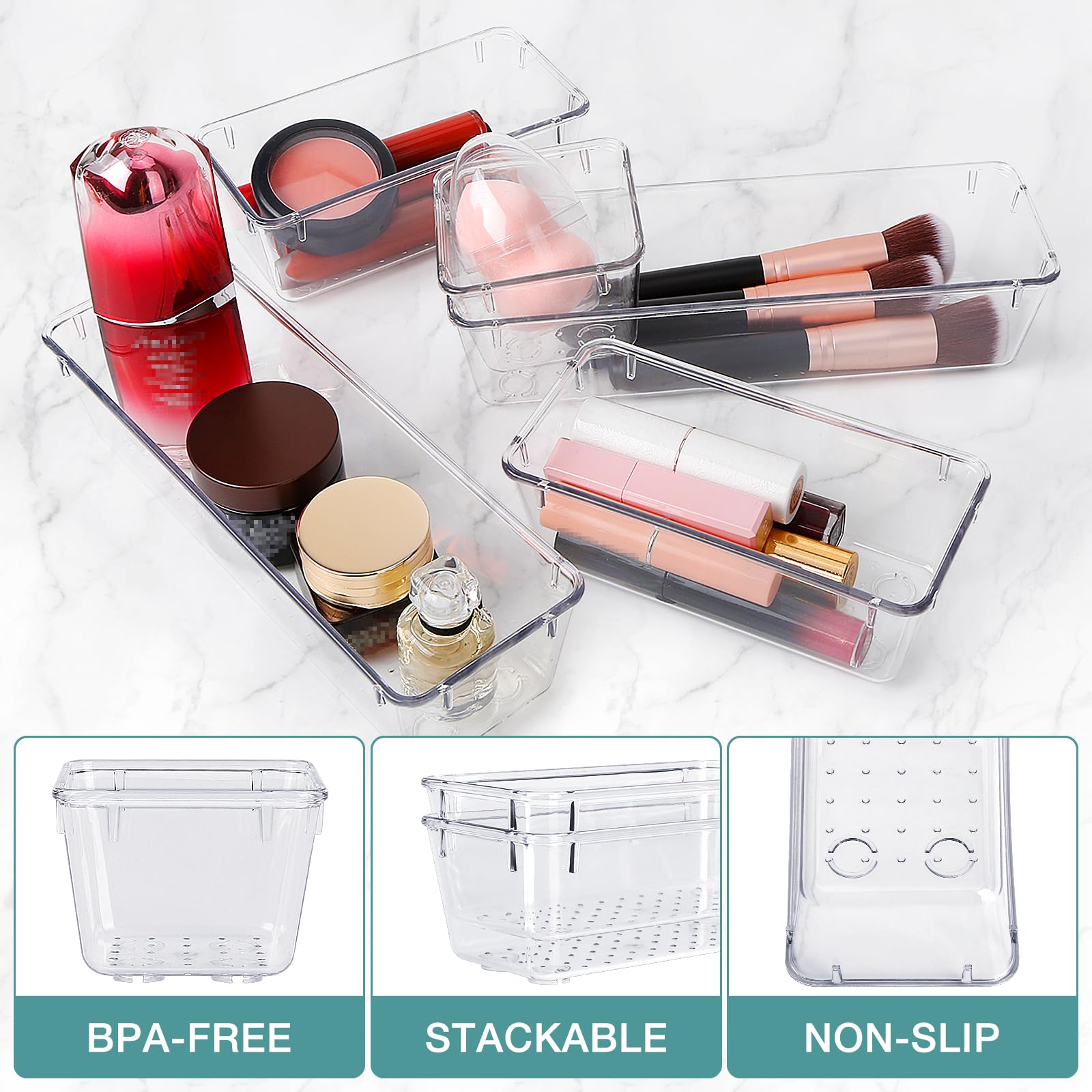 23 PCS Drawer Organizer Set, 5 Size Bathroom and kitchen organizer Trays