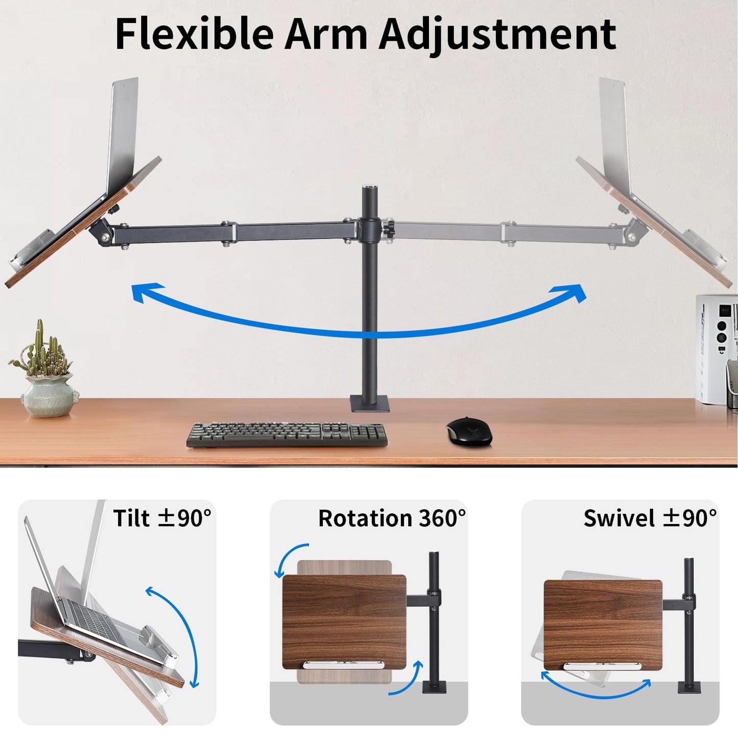 Adjustable Book Stand with Desk Clamp Mount, Wooden Reading Holder with Metal Arm, Black