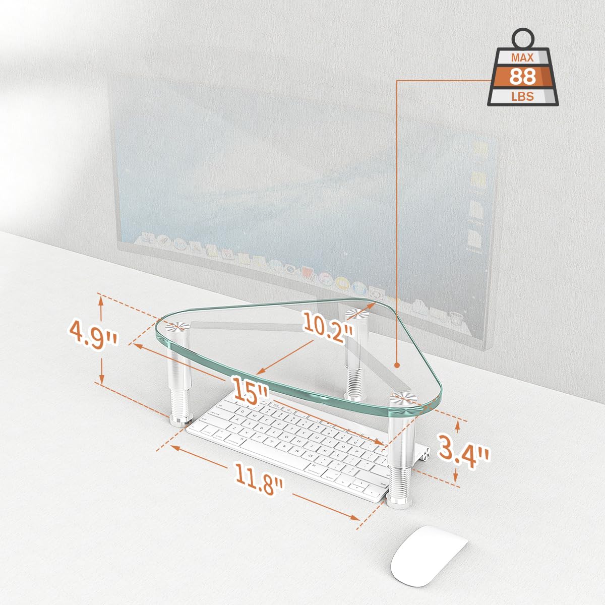 Hemudu Clear Glass Computer Monitor Riser / Triangle Desktop Universal Corner Stand for Computer