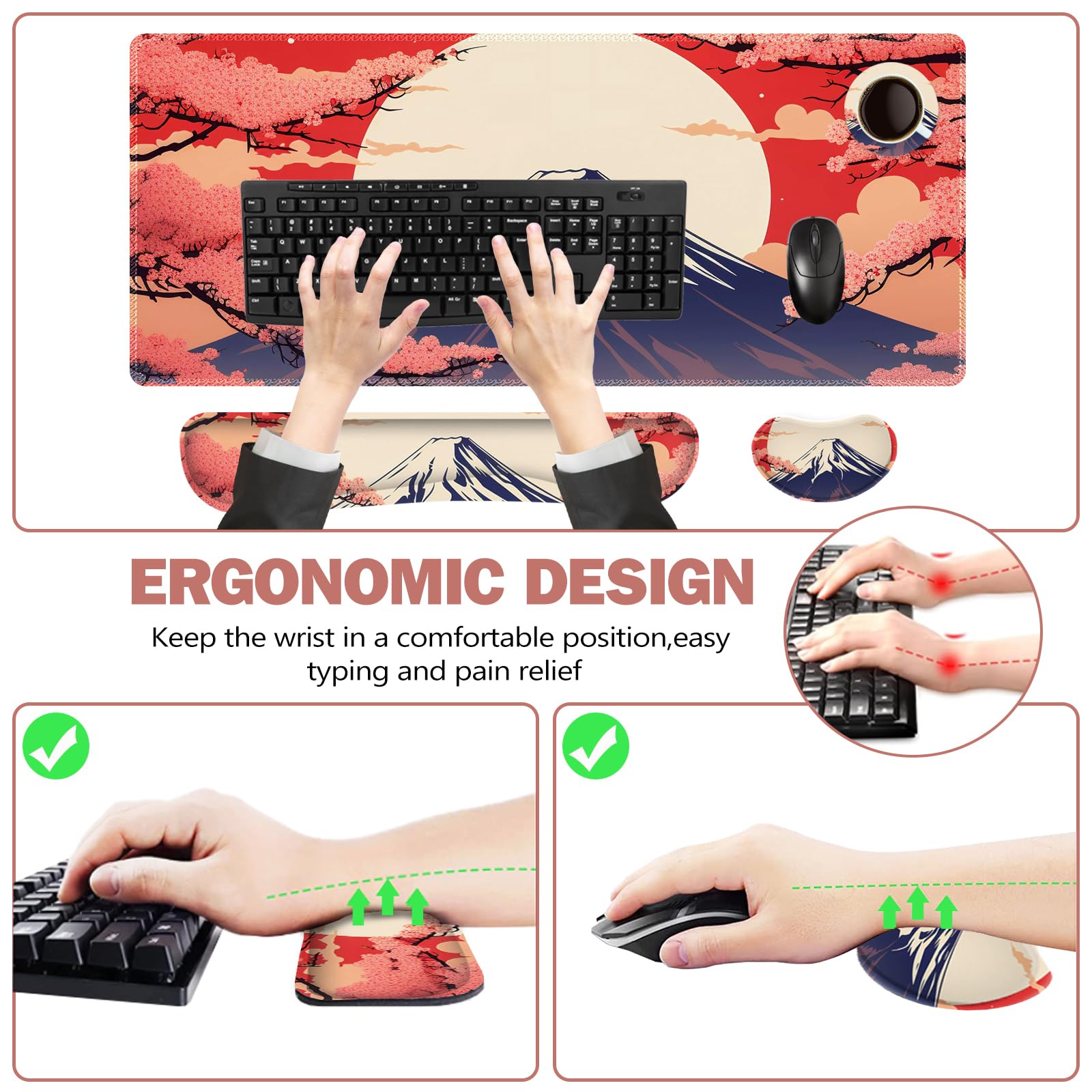 ToLuLu Large Mouse Pad Desk Pad Set, Wrist Rest Support Desk Mat for Keyboard Mouse, 4PCS