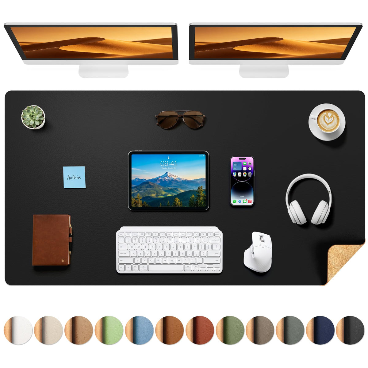 Aothia Cork Desk Mat - Dual-Sided XL PU Leather Desk Pad & Full Desk Protector, Large Waterproof